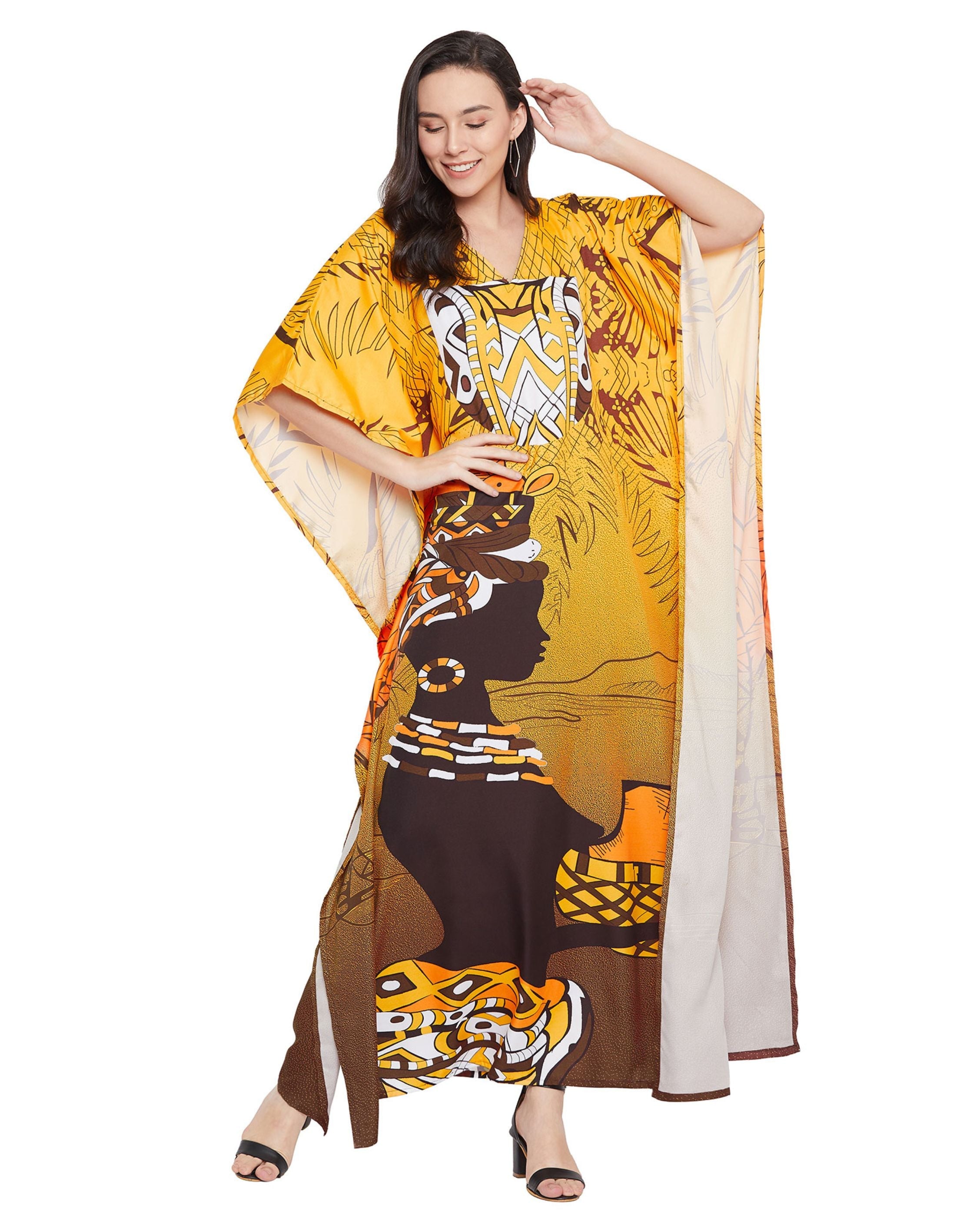 Yellow Polyester Tribal Printed Kaftan For Plus Size Women