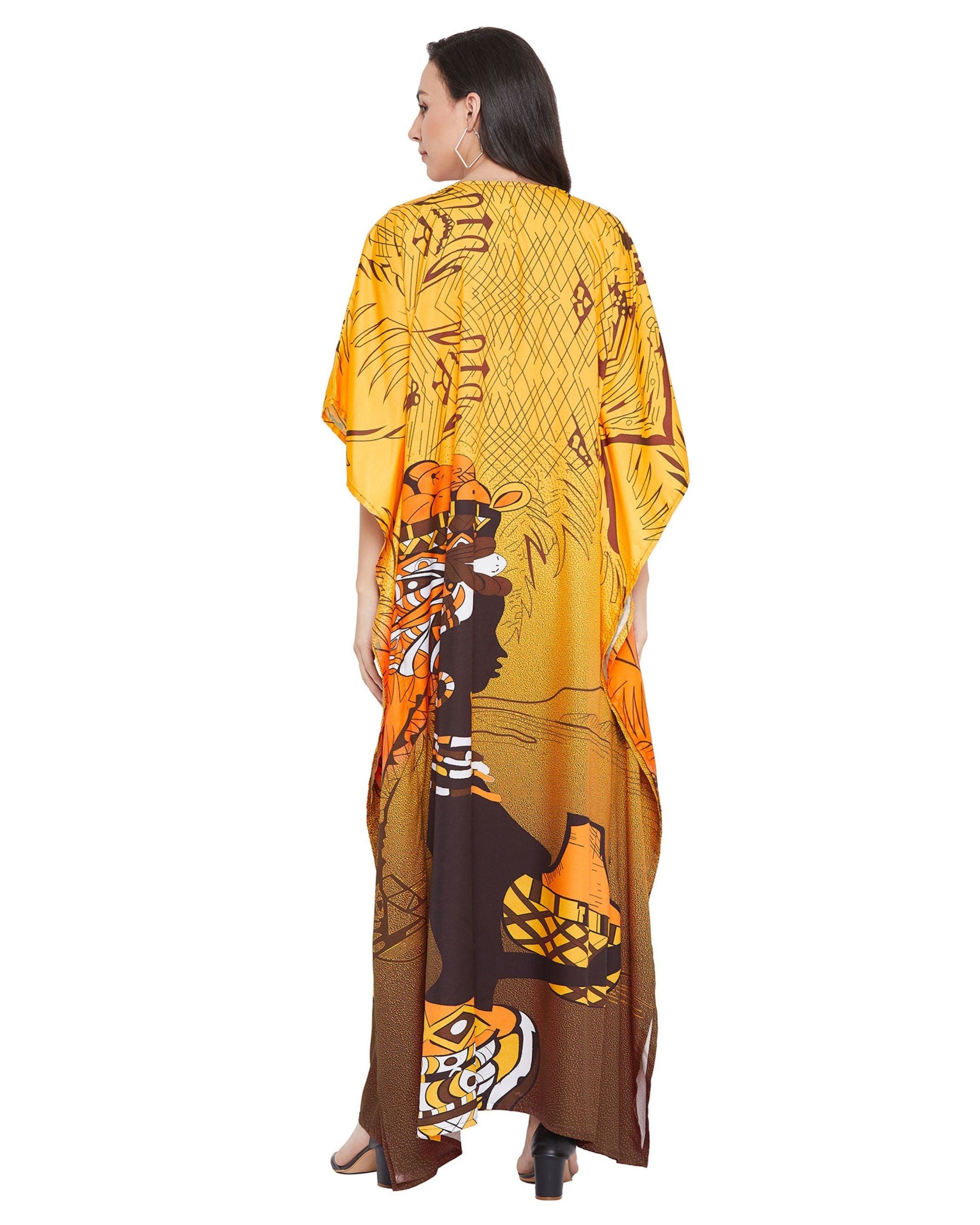Tribal Printed Yellow Polyester Kaftan Dress for Women