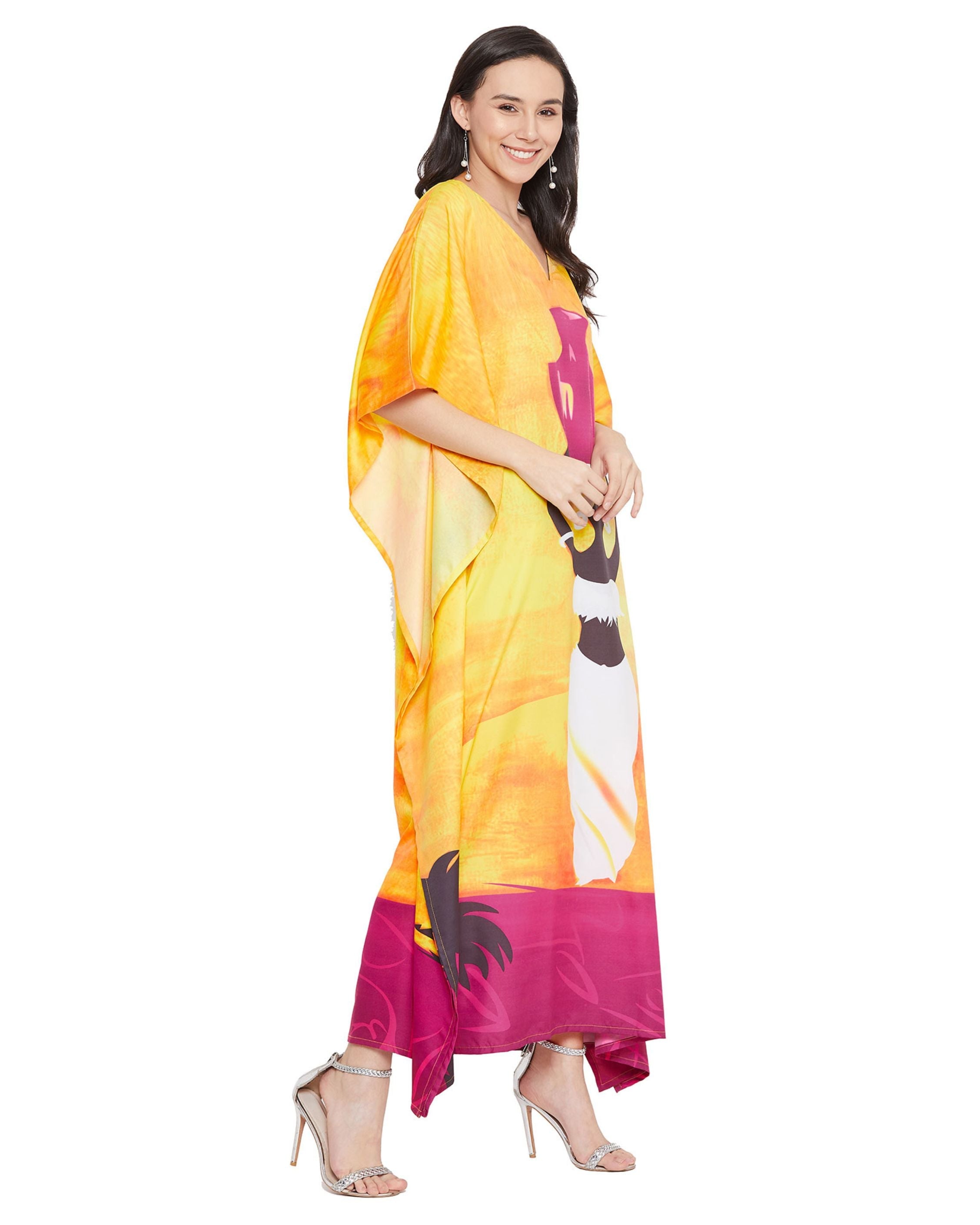 Tribal Printed Yellow Polyester Kaftan Dress for Women