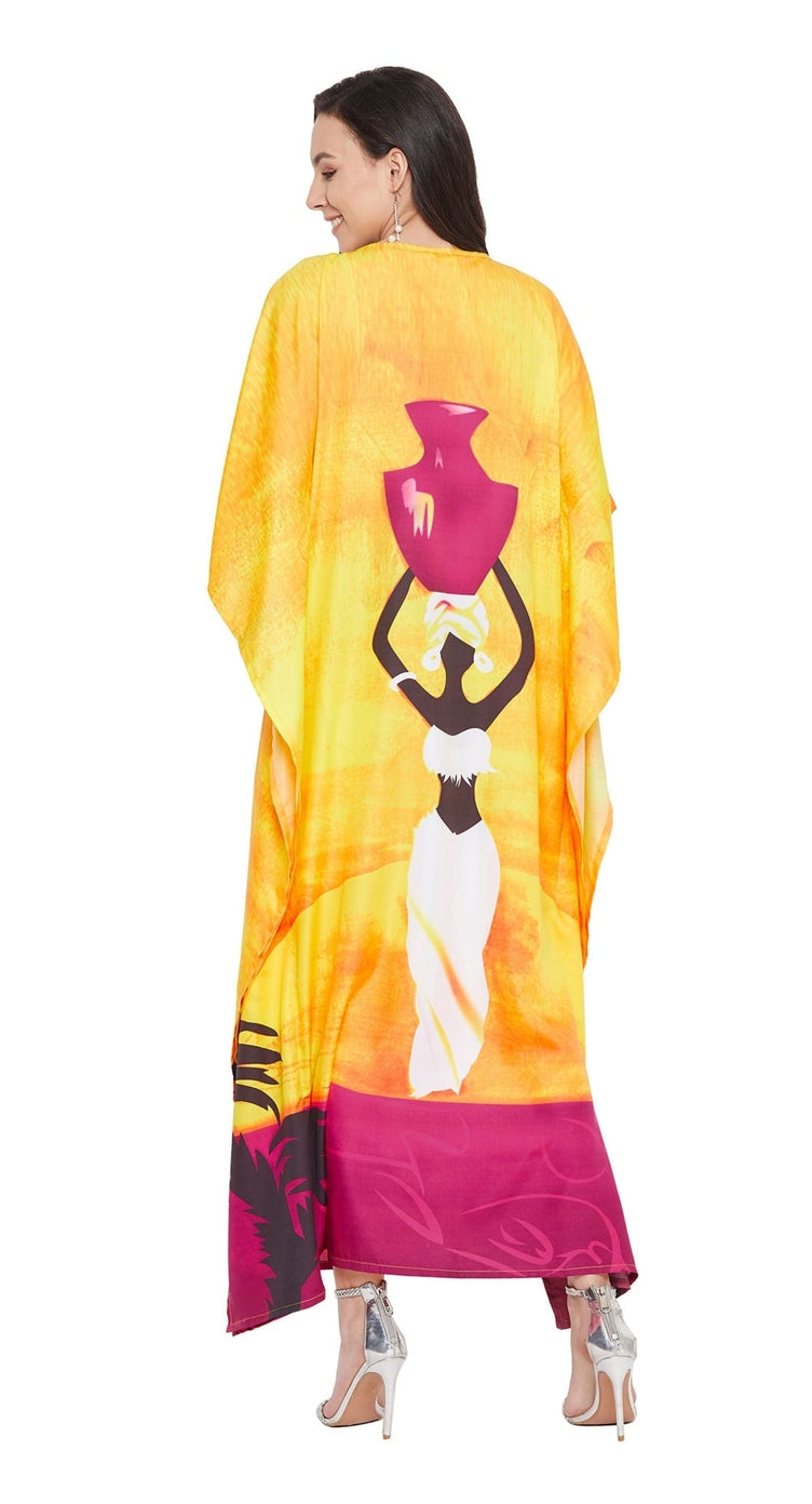 Yellow polyester plus size kaftan with tribal water carrier print and magenta border, V-neck — additional angle