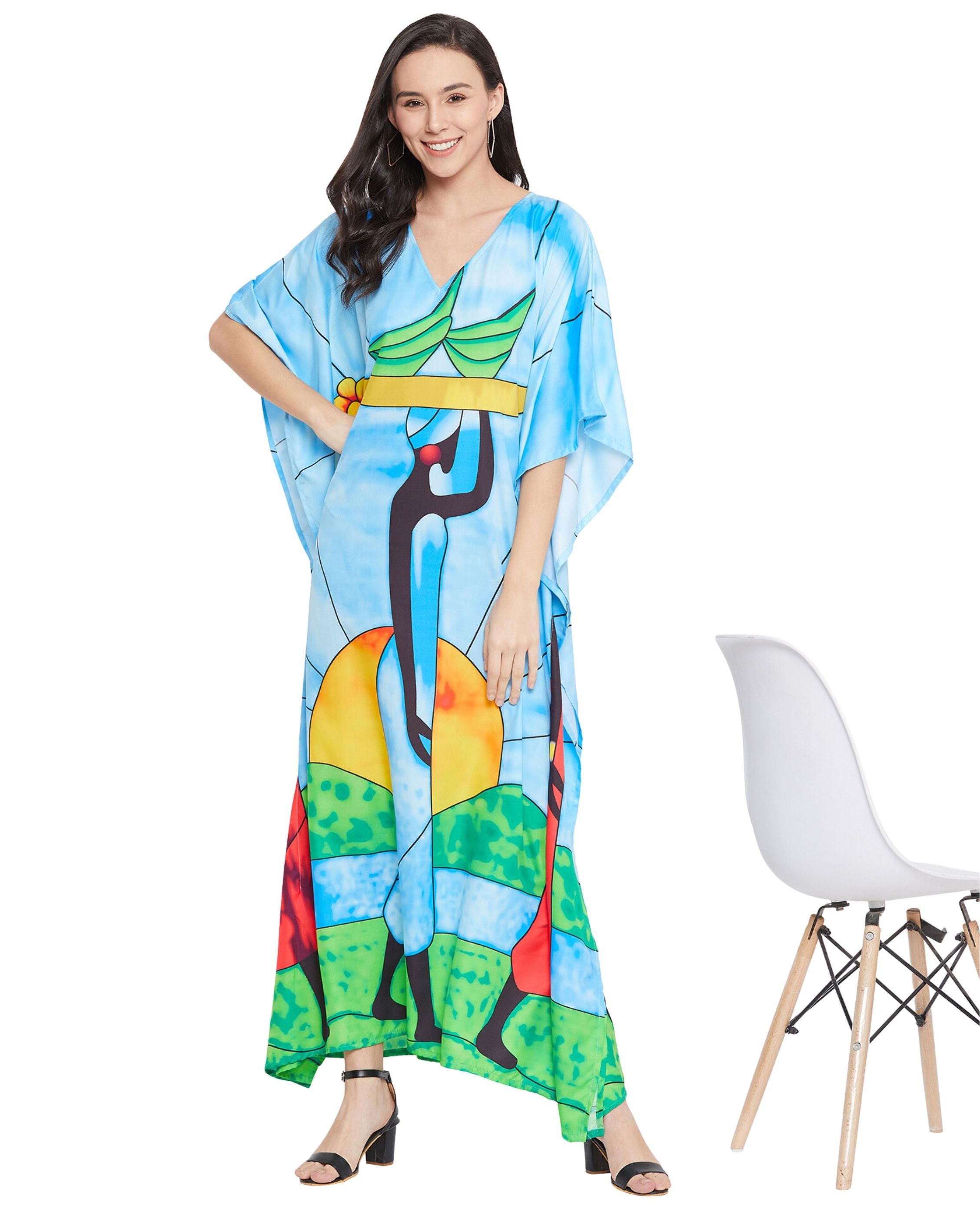 Tribal Printed Green Polyester Kaftan Dress for Women