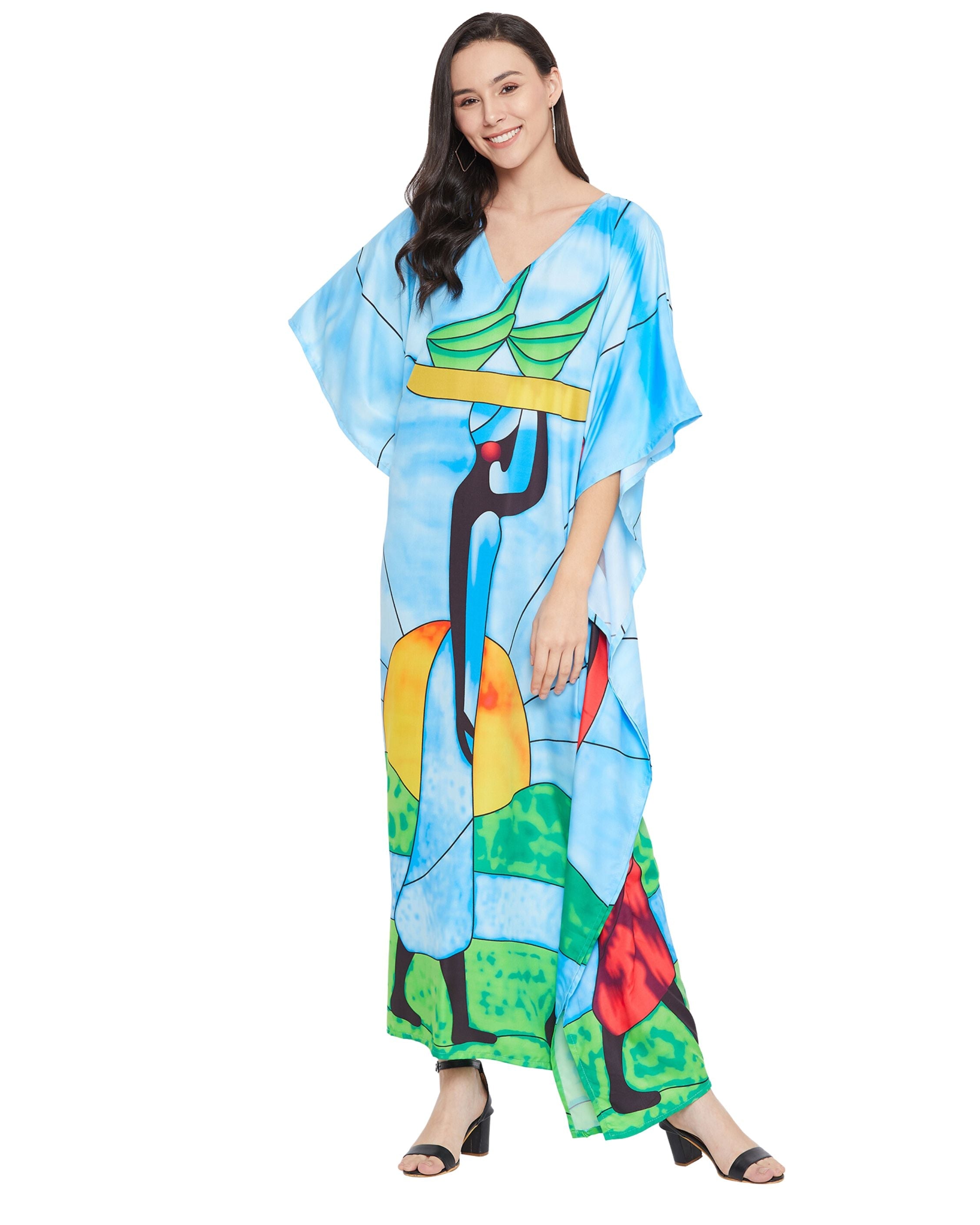 Kaftan Dress For Plus Size Women Tribal Printed Green Polyester