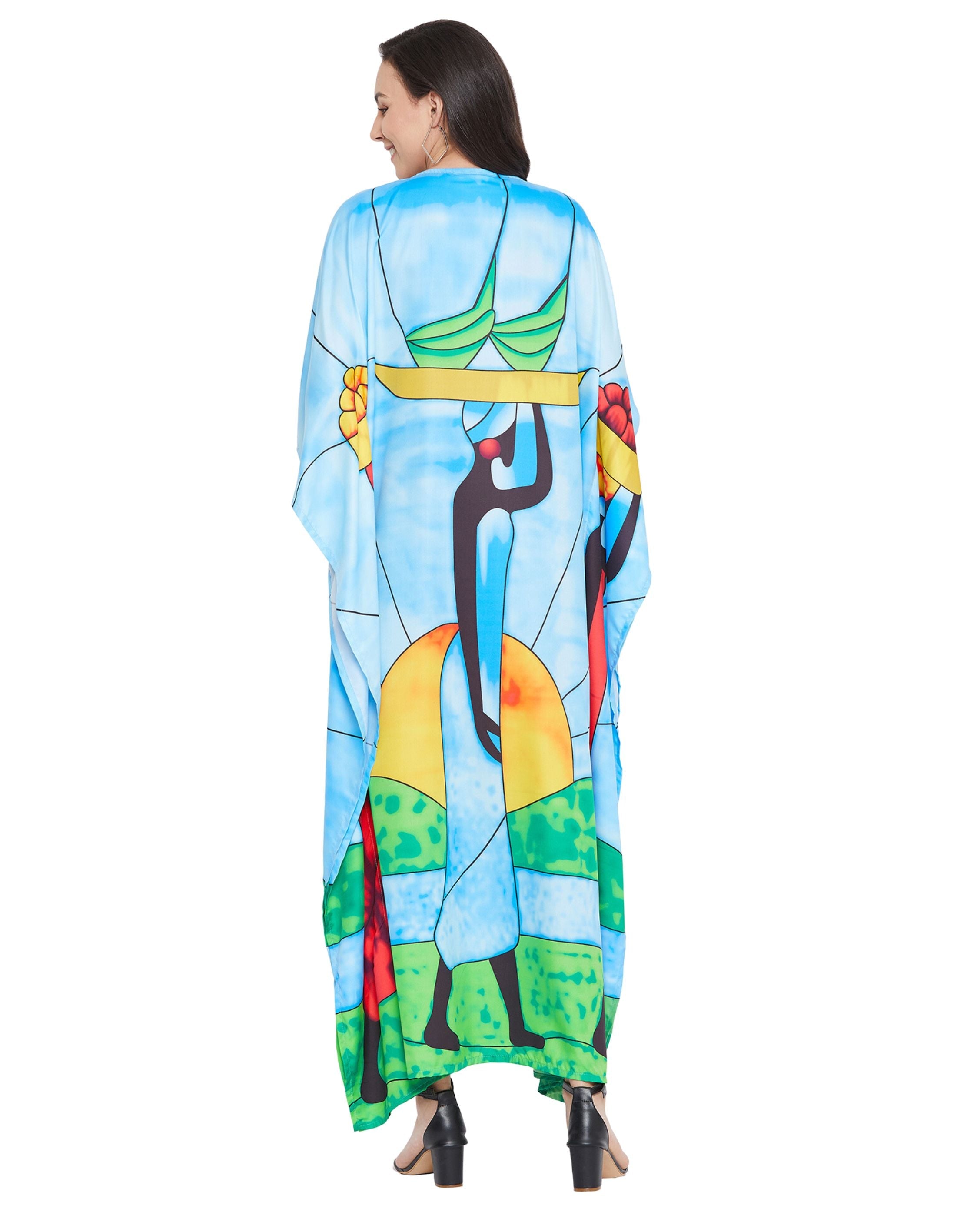 Kaftan Dress For Plus Size Women Tribal Printed Green Polyester