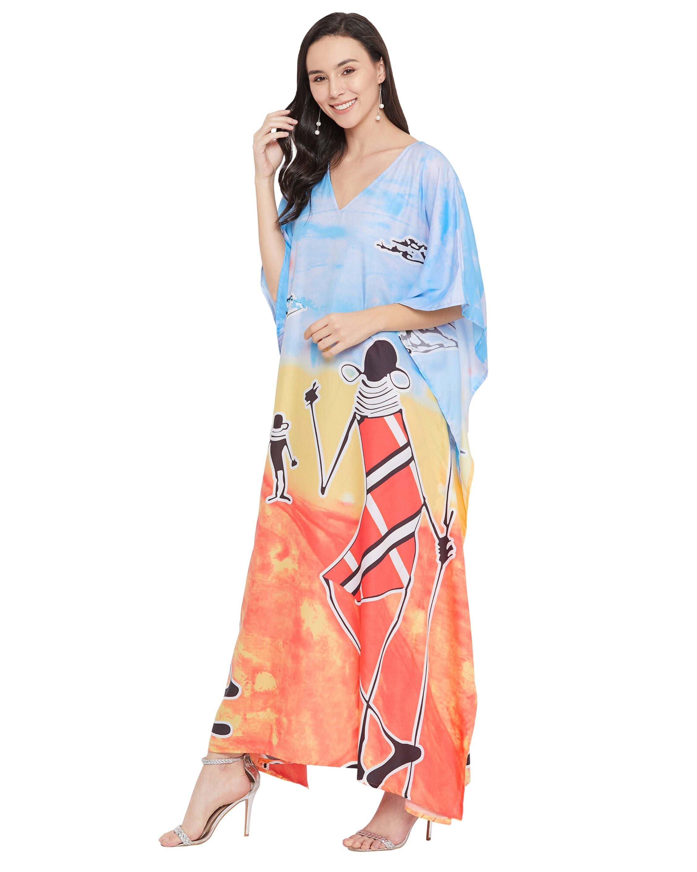 Tribal Printed Multicolor Polyester Kaftan For Plus Size Women