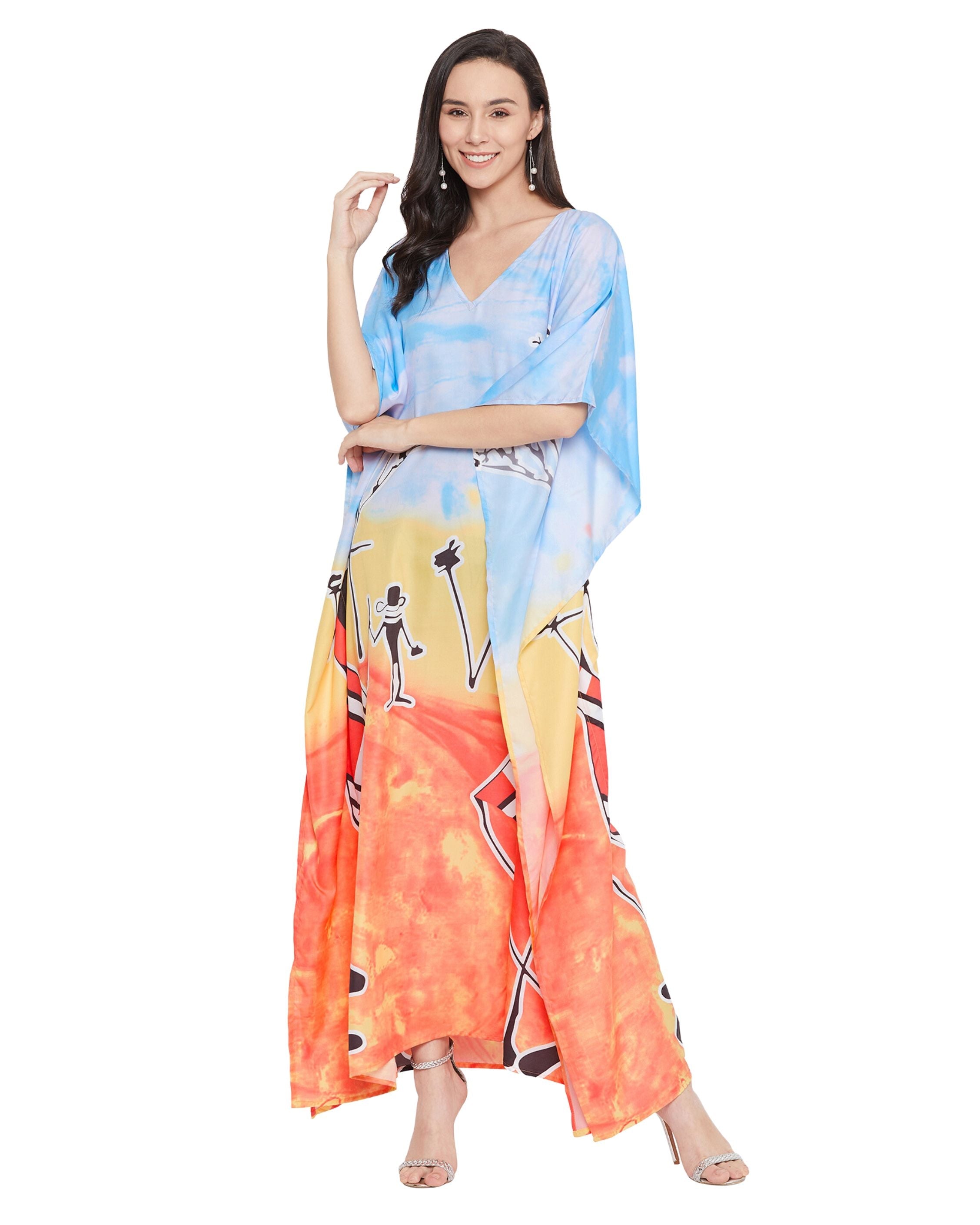 Tribal Printed Multicolor Polyester Kaftan For Plus Size Women