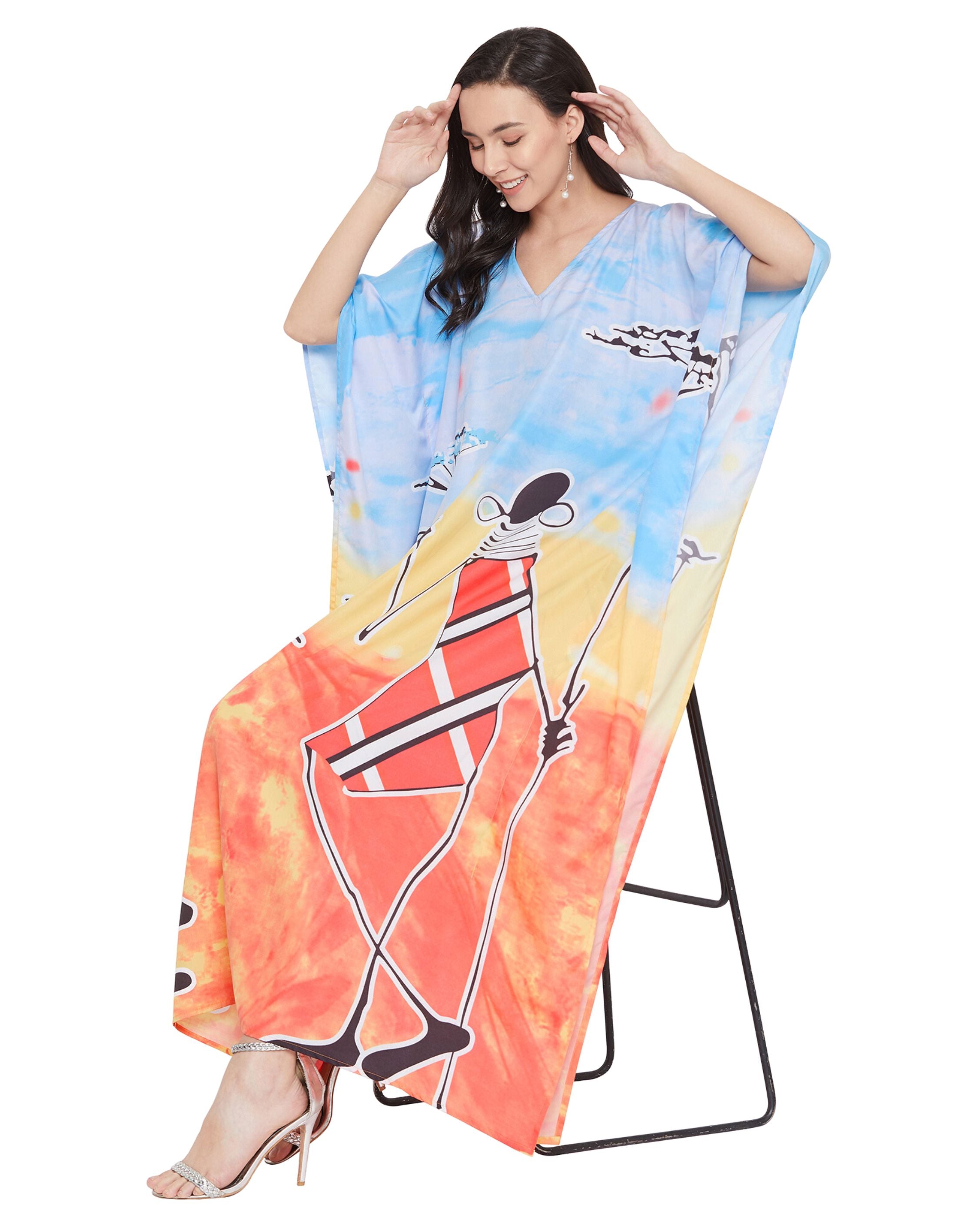 Tribal Printed Multicolor Polyester Kaftan For Plus Size Women