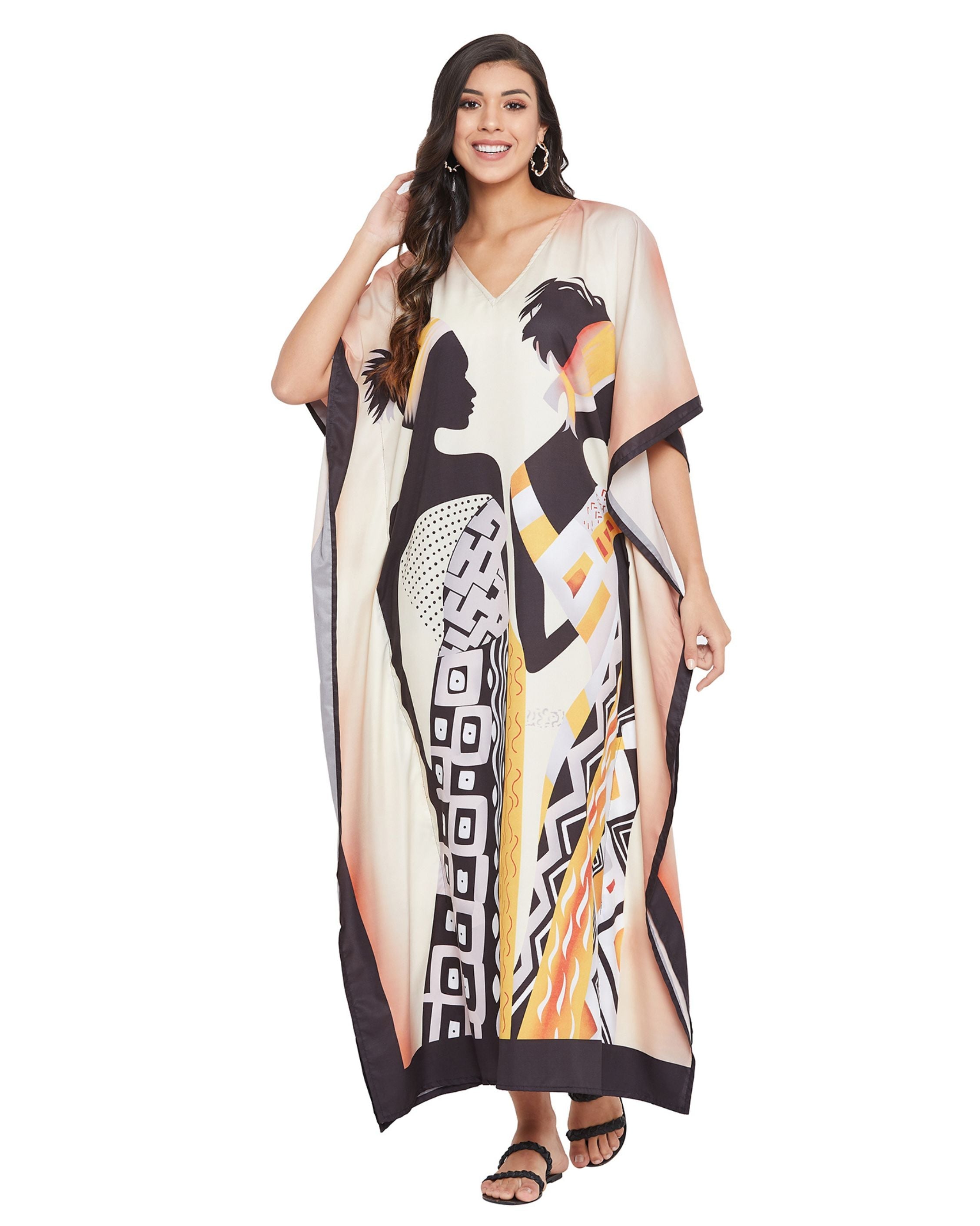 Polyester Plus Size Kaftan Tribal Printed Beige Dress For Women