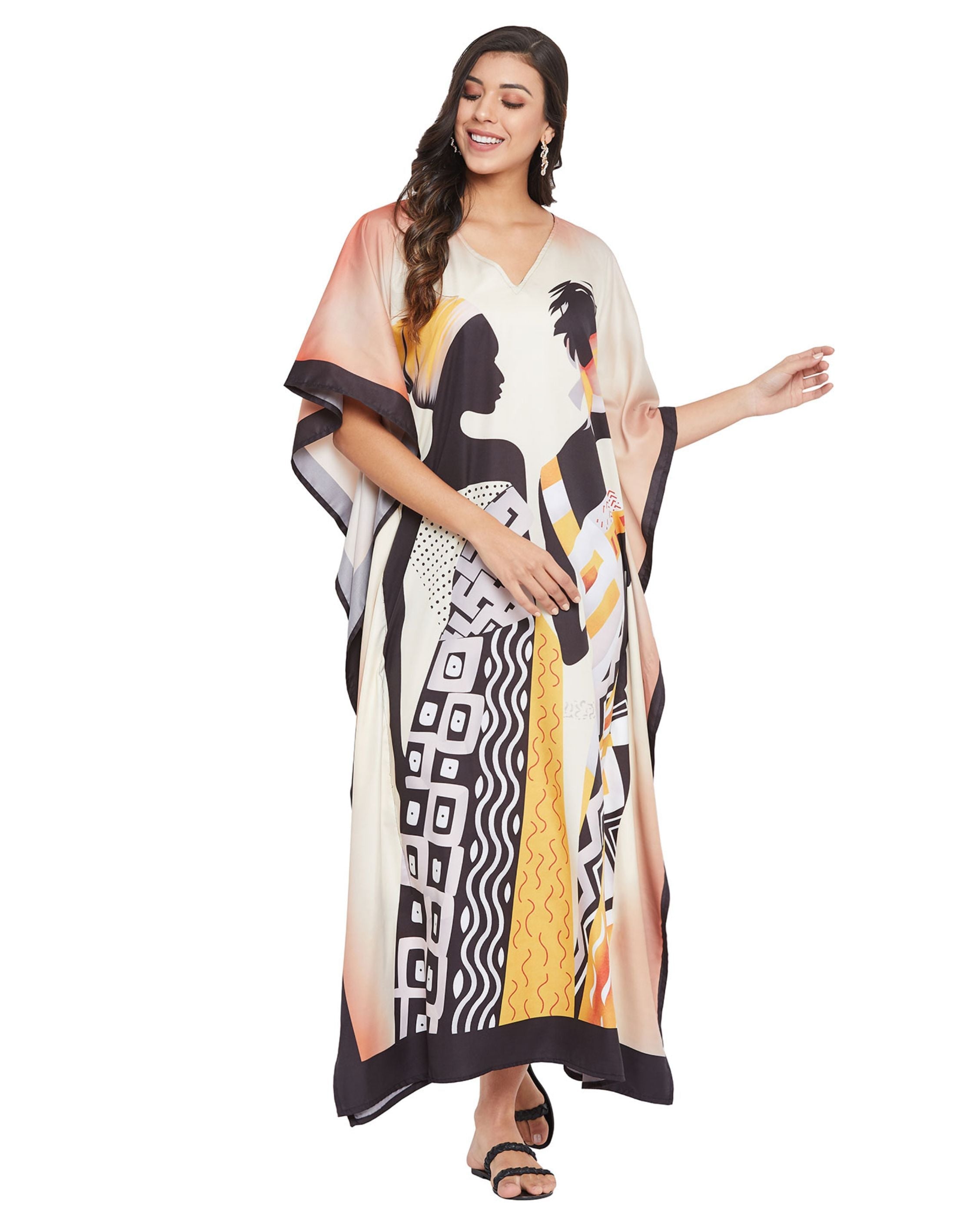 Polyester Plus Size Kaftan Tribal Printed Beige Dress For Women