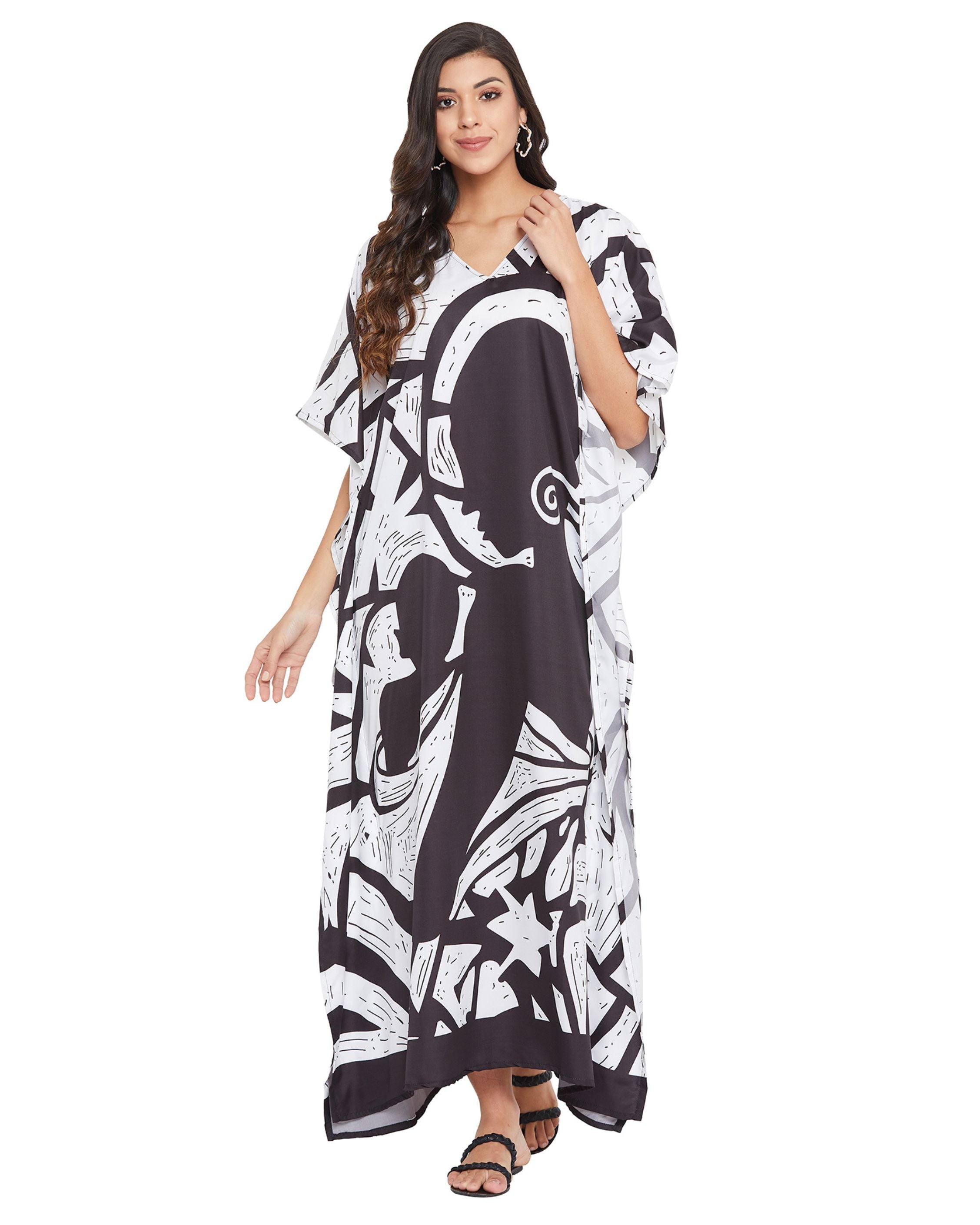 Tribal Printed Black Polyester Kaftan For Plus Size Women