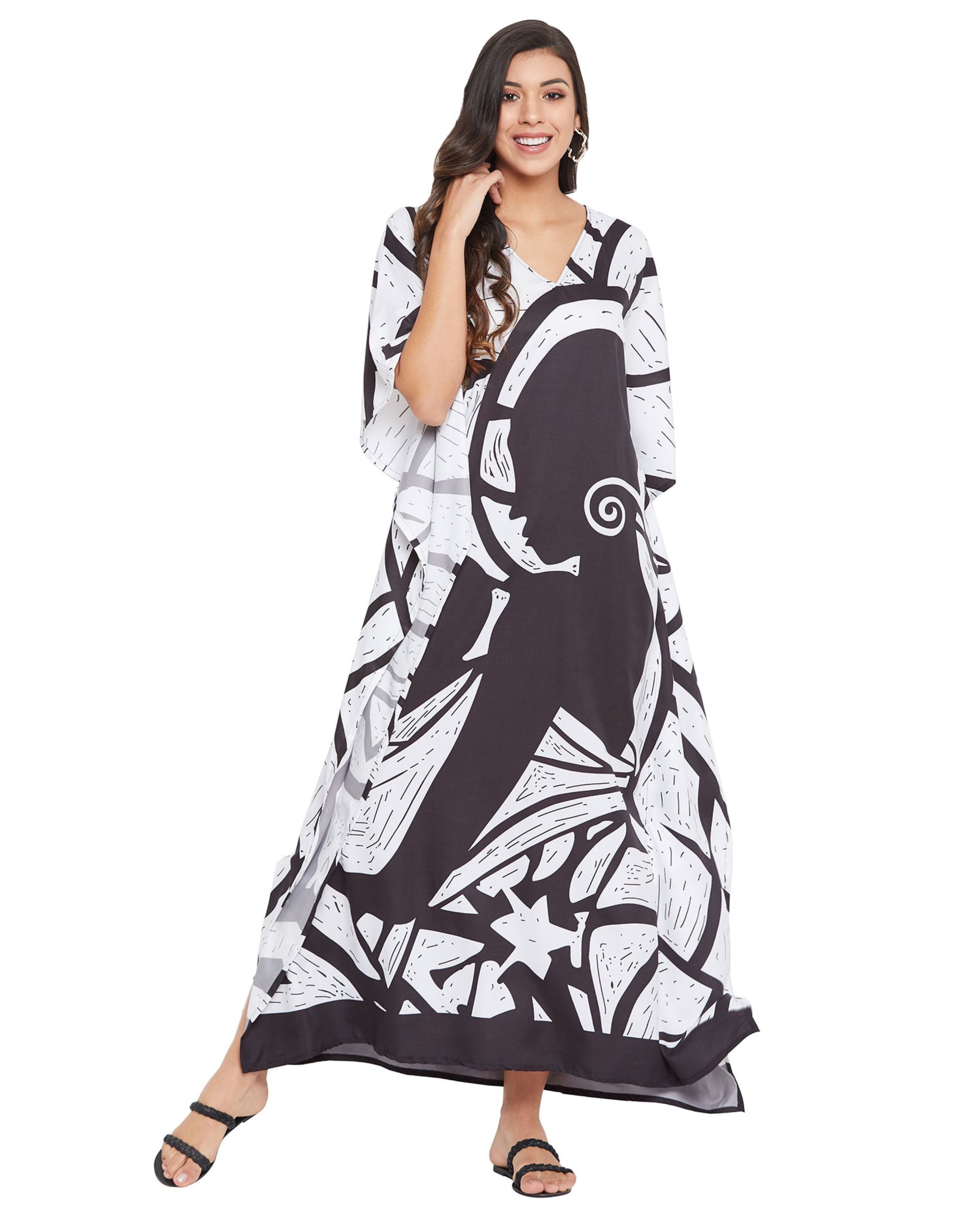 Tribal Printed Black Polyester Kaftan For Plus Size Women