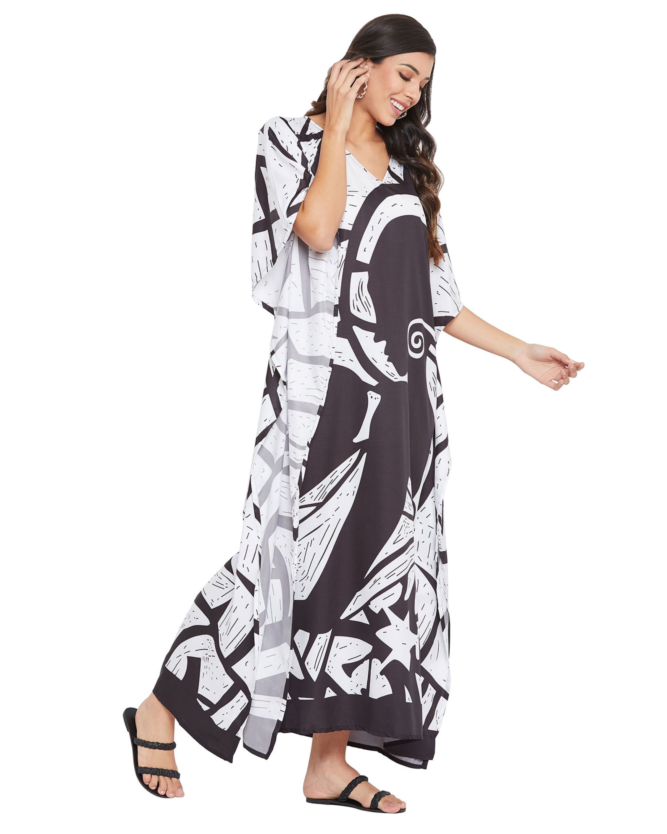 Tribal Printed Black Polyester Kaftan For Plus Size Women