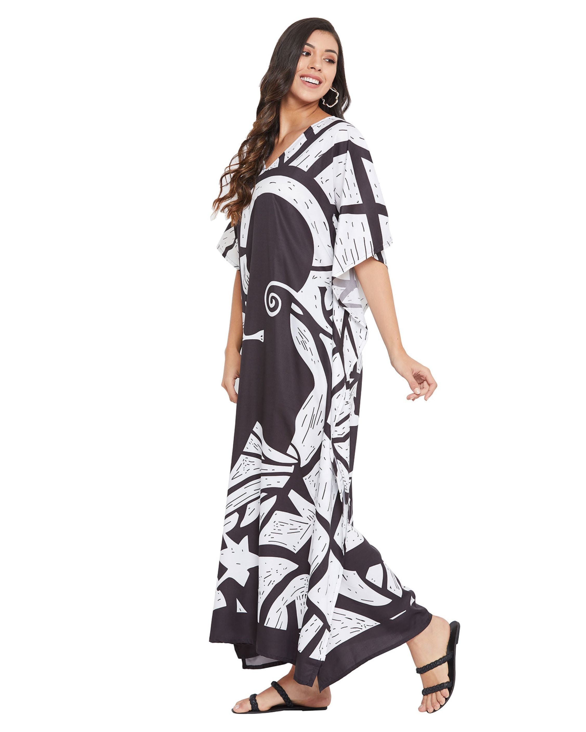 Tribal Printed Black Polyester Kaftan For Plus Size Women