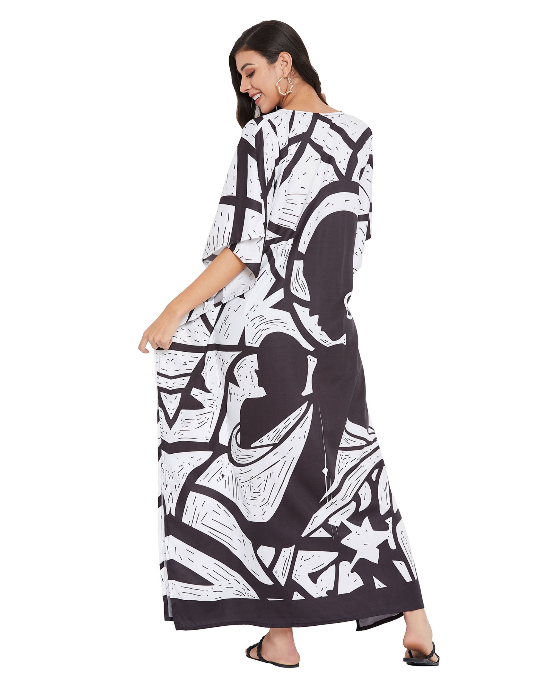 Tribal Printed Black Polyester Kaftan For Plus Size Women