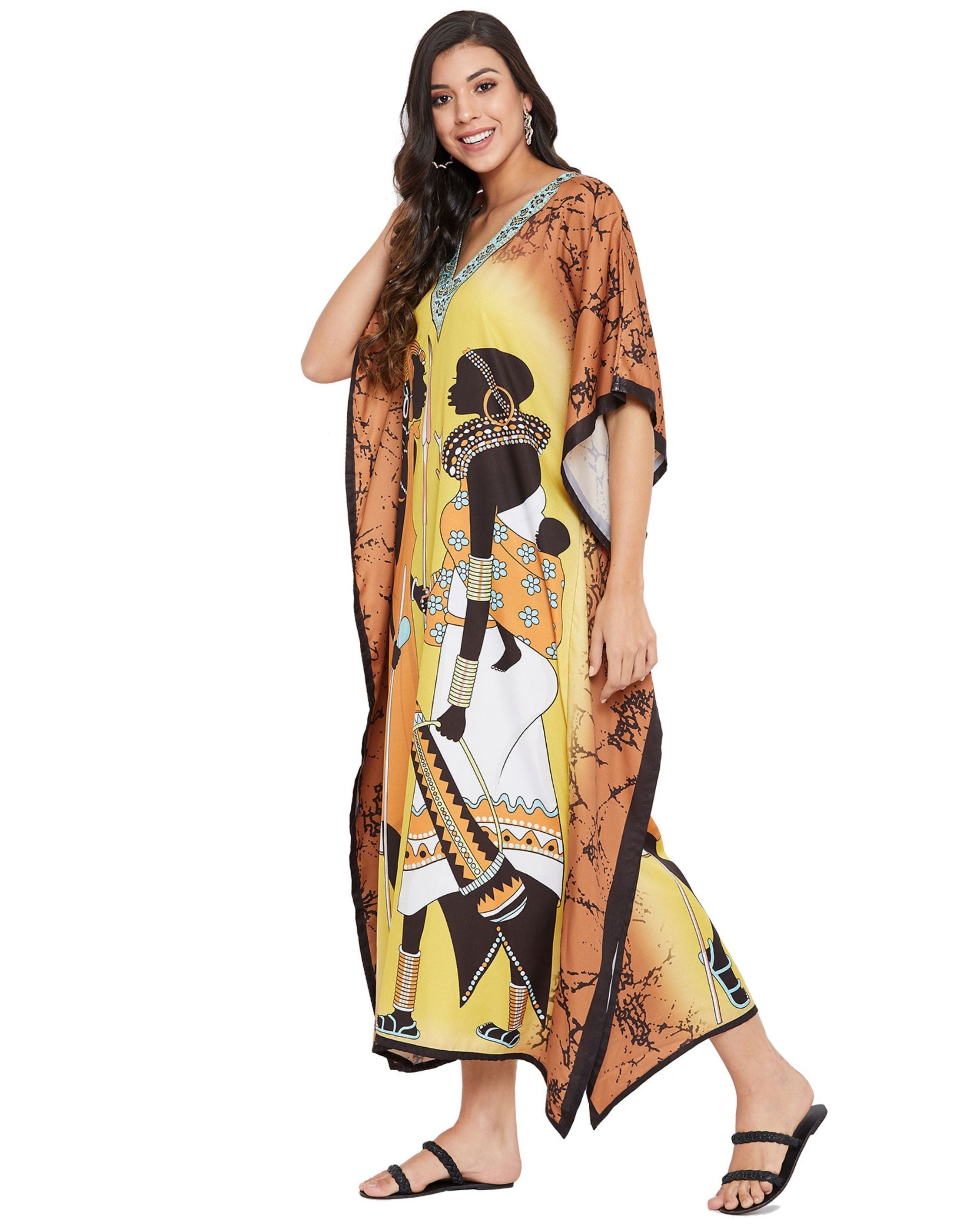 Kaftan For Plus Size Women Tribal Printed Yellow Polyester