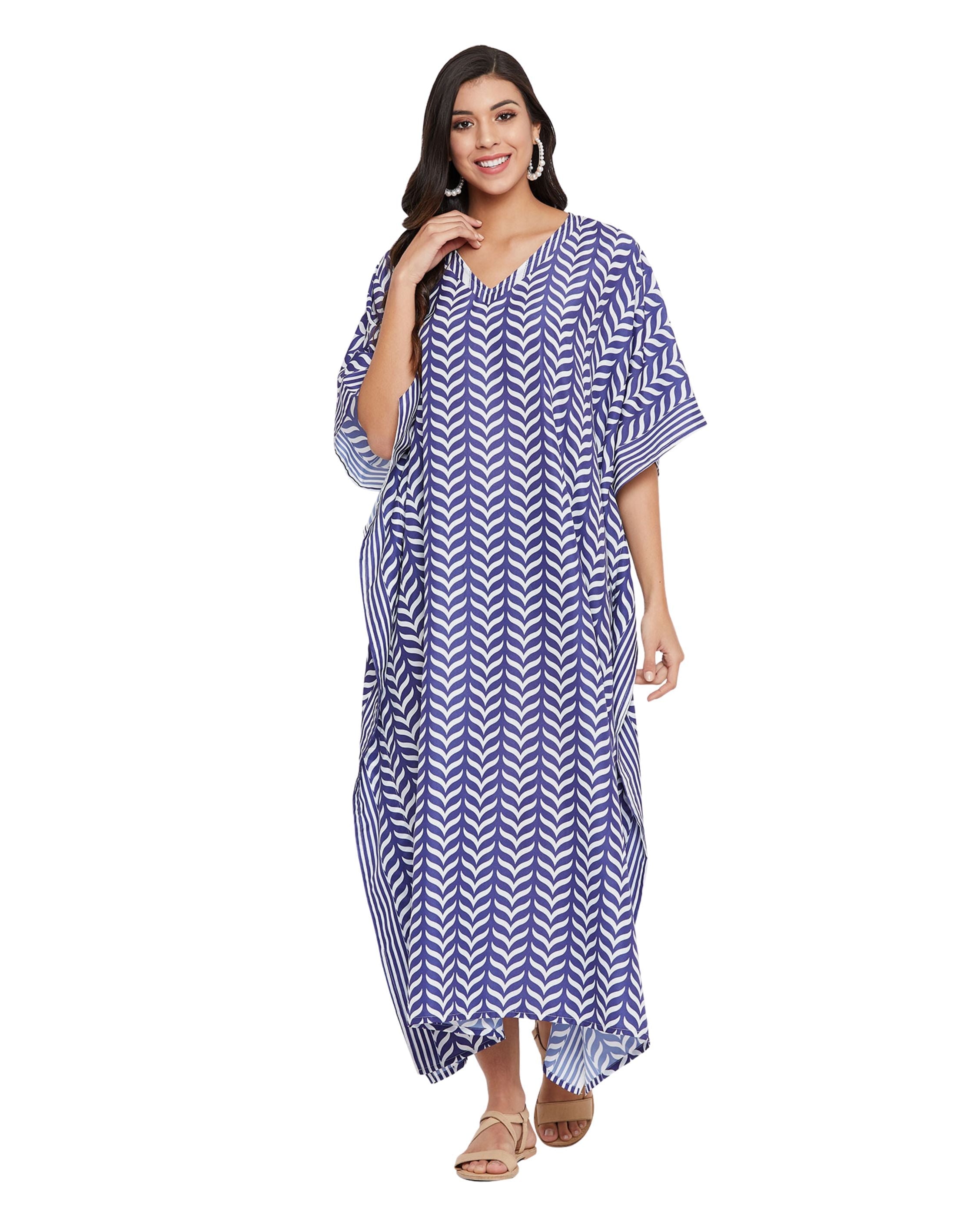 Geometric Printed Blue Polyester Plus Size Kaftan Dress For Women