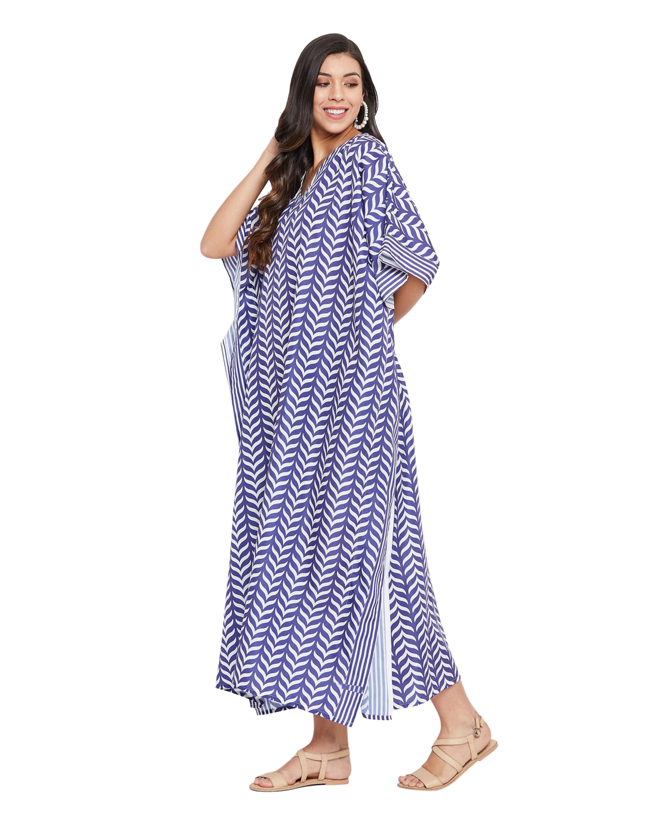 Geometric Printed Blue Polyester Plus Size Kaftan Dress For Women