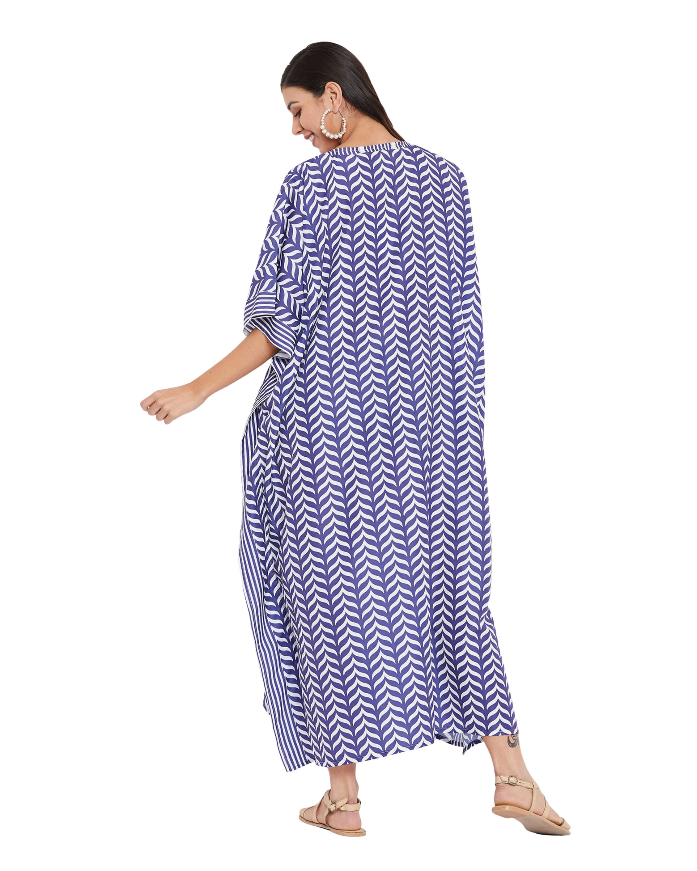 Geometric Printed Blue Polyester Plus Size Kaftan Dress For Women