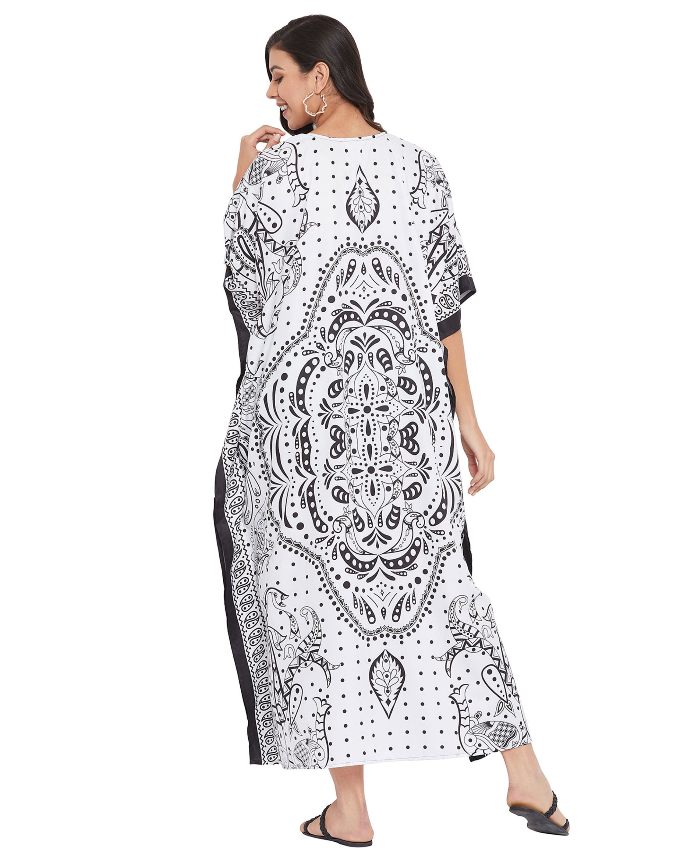 Paisley Printed White Polyester Kaftan Plus Size Dress For Women