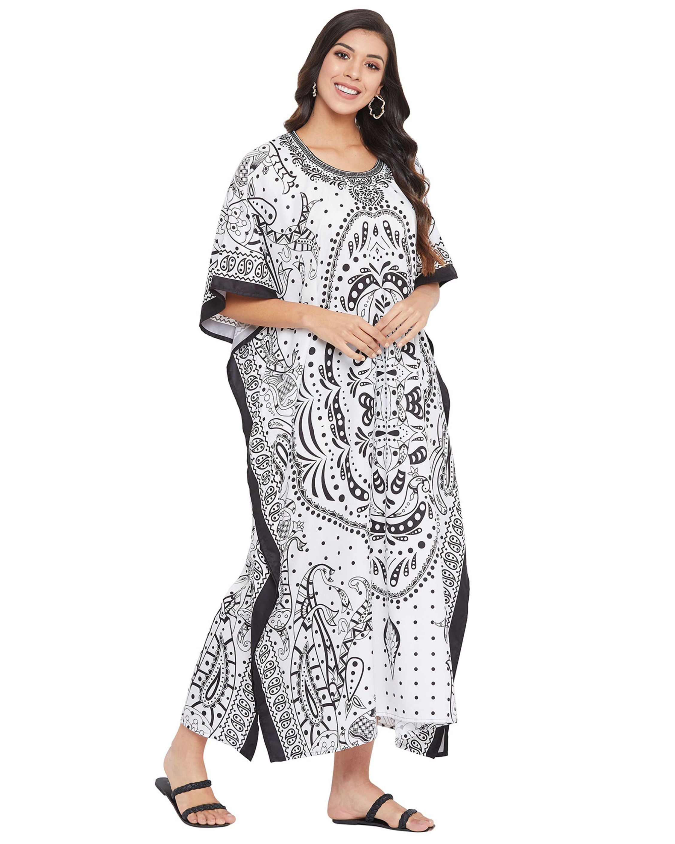 Paisley Printed White Polyester Kaftan Plus Size Dress For Women