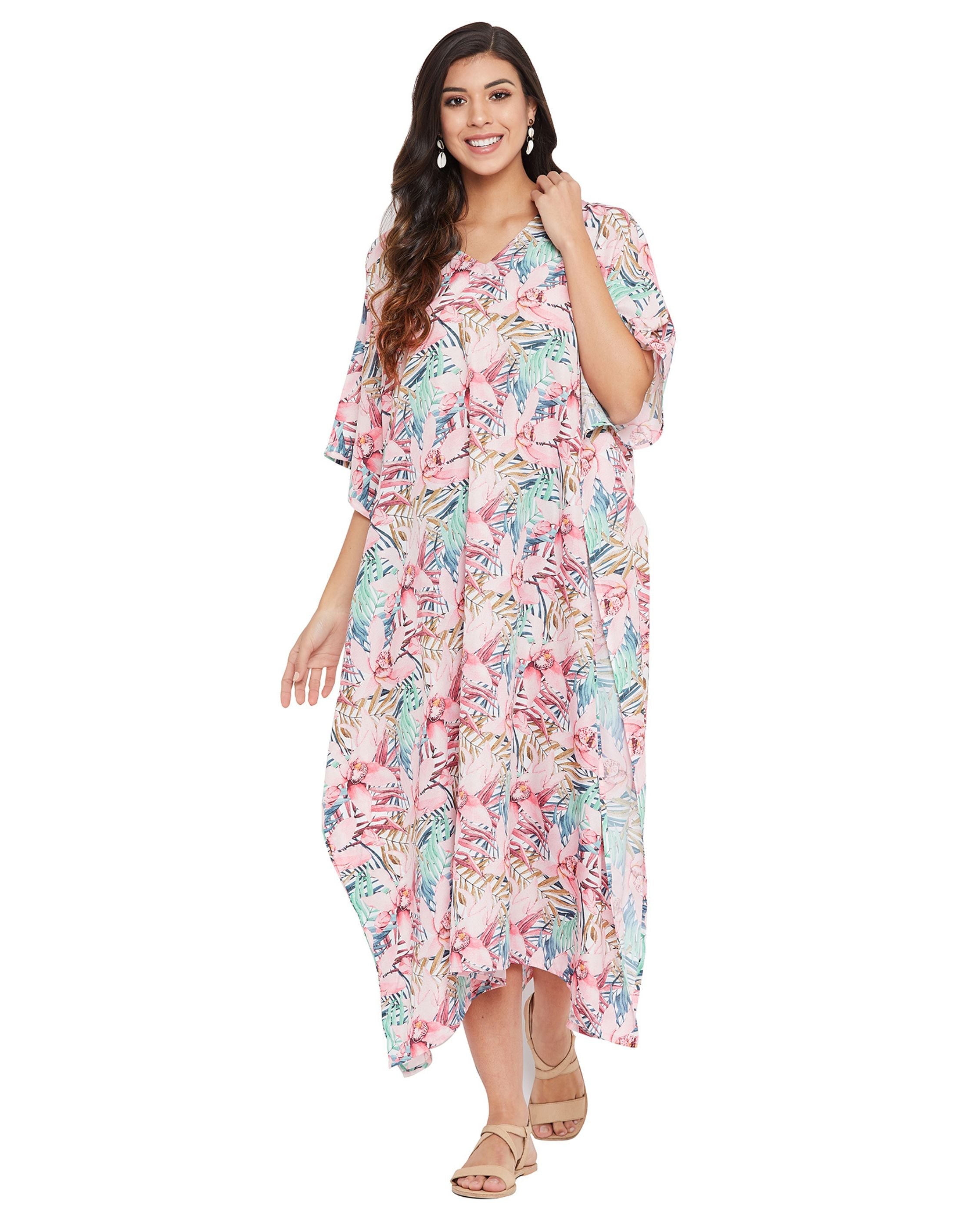 Floral Printed Pink Polyester Kaftan Plus Size Dress For Women