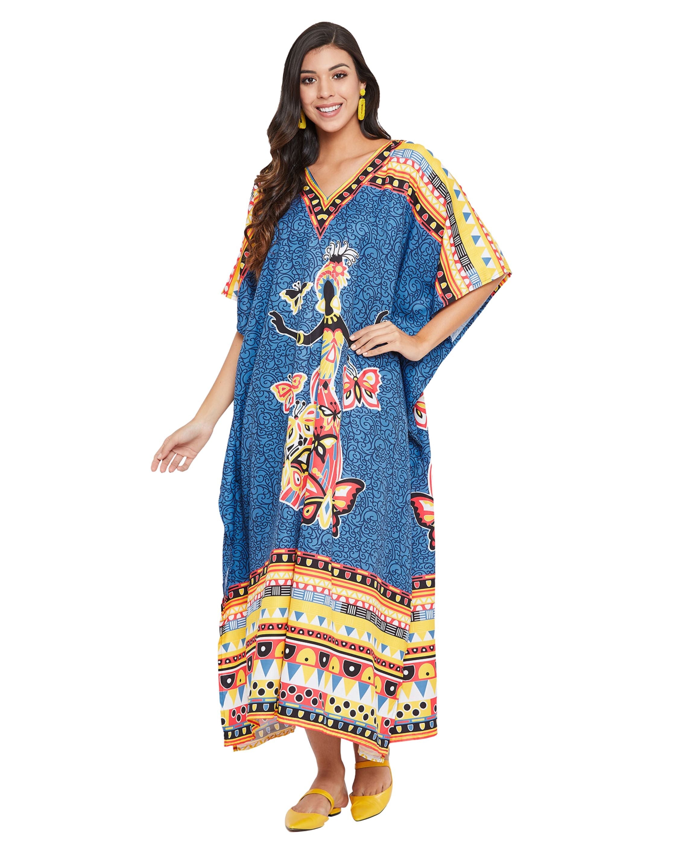 Tribal Printed Blue Polyester Kaftan Dress for Women