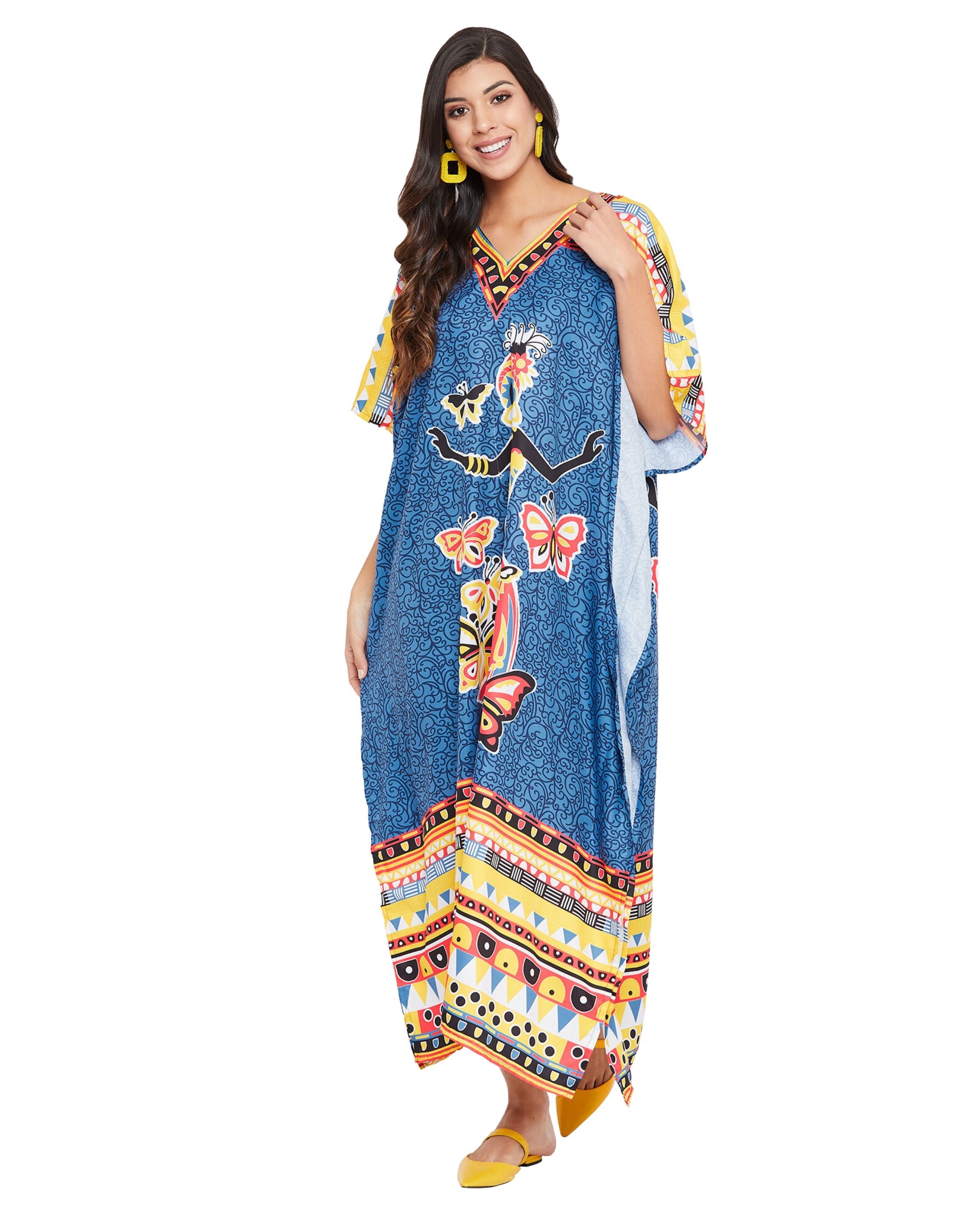 Polyester Kaftan Dress Tribal Printed Blue For Plus Size Women