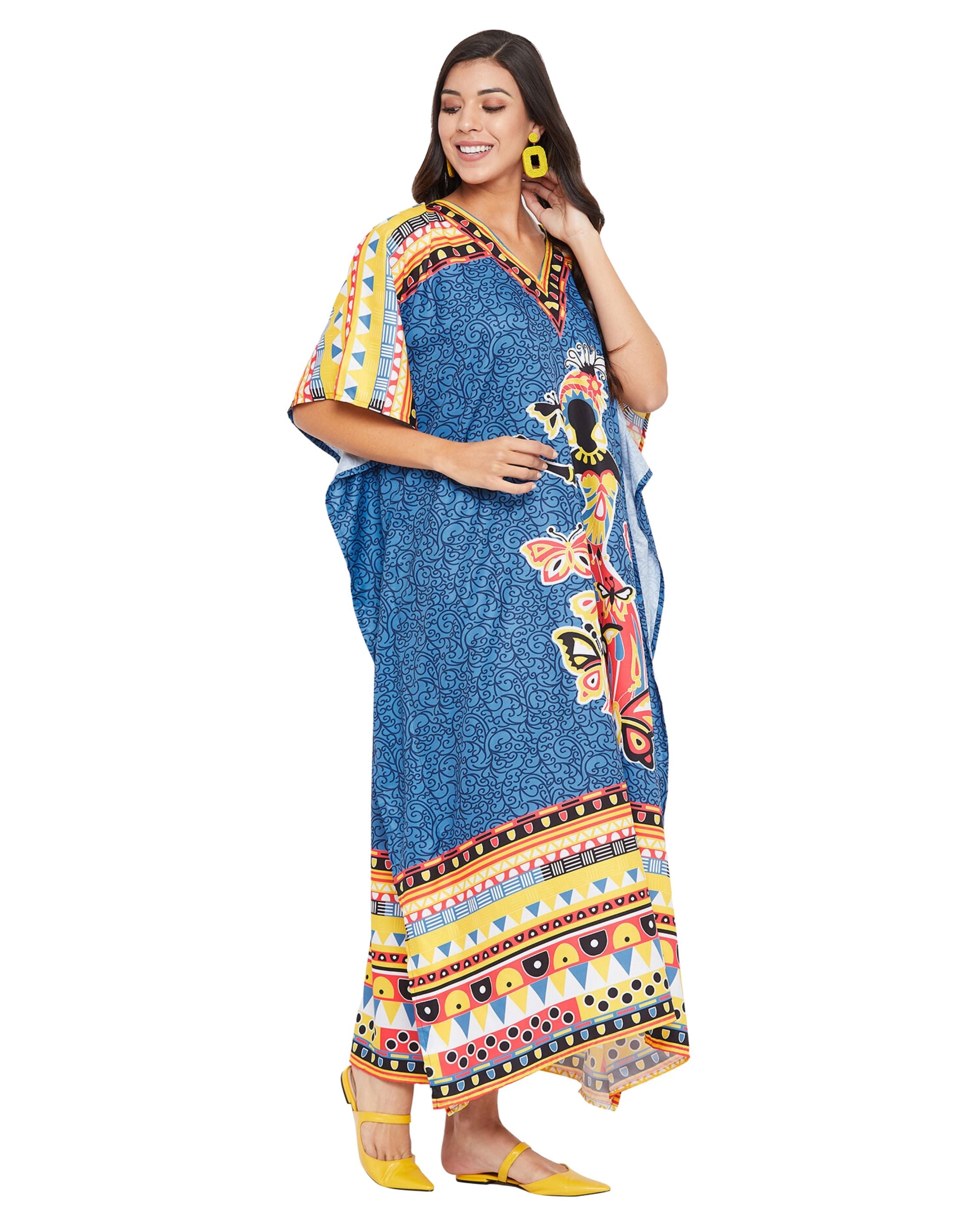 Polyester Kaftan Dress Tribal Printed Blue For Plus Size Women