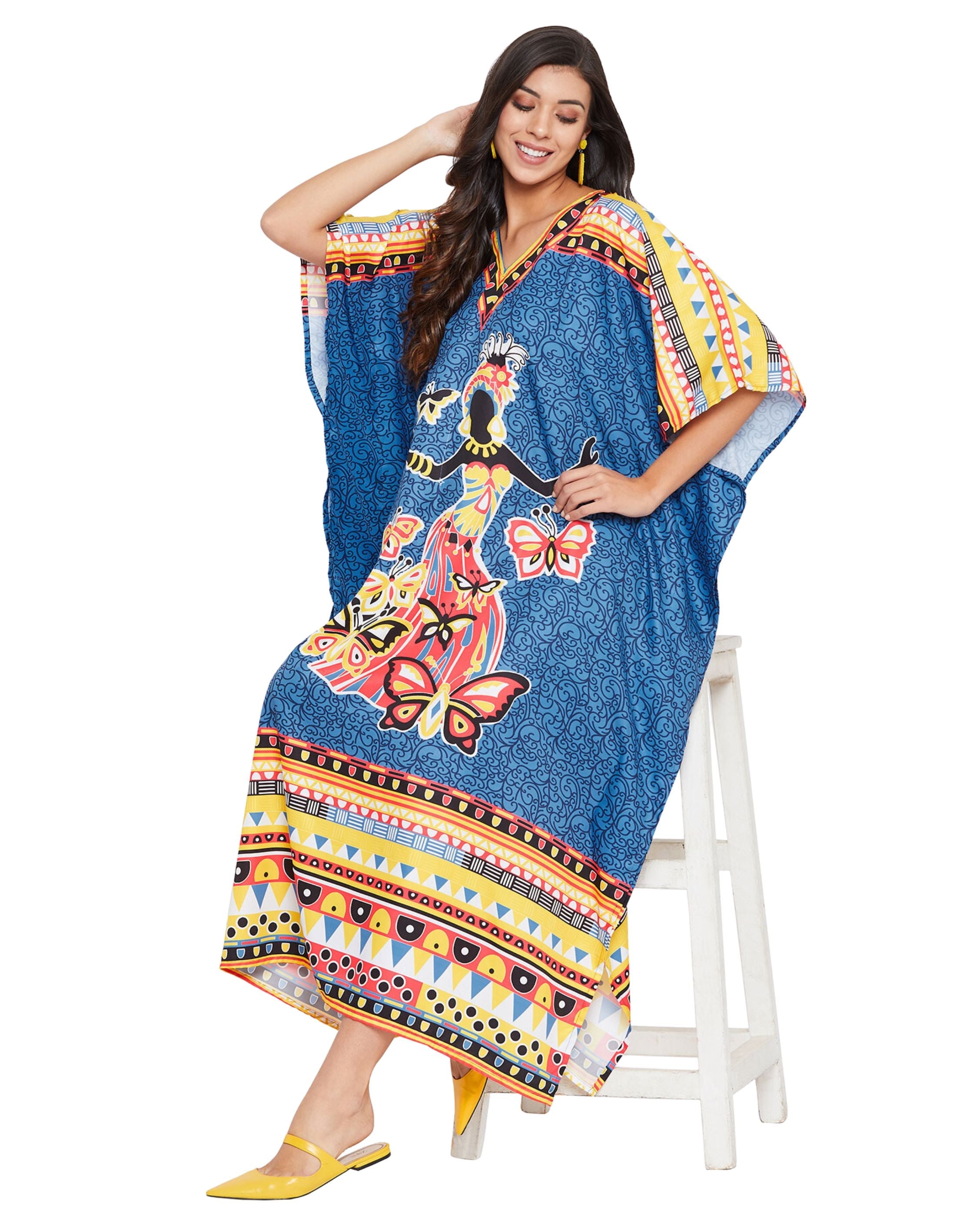 Polyester Kaftan Dress Tribal Printed Blue For Plus Size Women