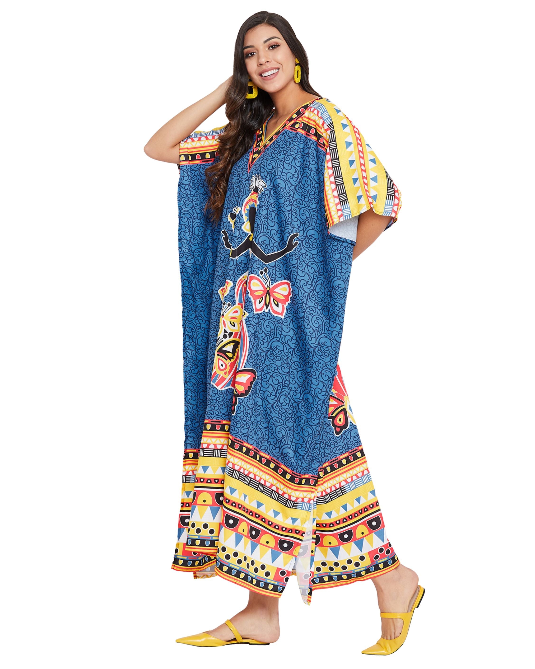 Polyester Kaftan Dress Tribal Printed Blue For Plus Size Women