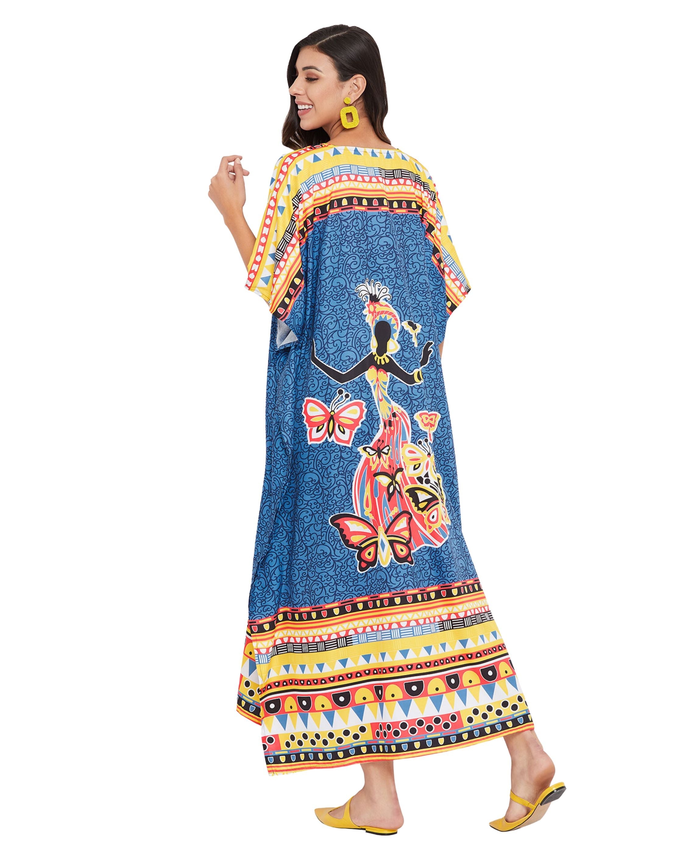 Polyester Kaftan Dress Tribal Printed Blue For Plus Size Women