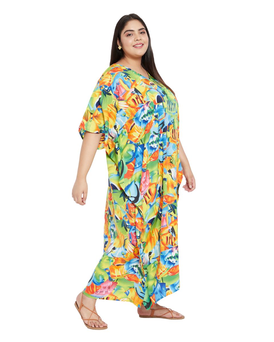 Animal Printed Green Polyester Kaftan Dress For Plus Size Women