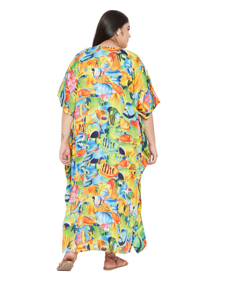 Animal Printed Green Polyester Kaftan Dress For Plus Size Women