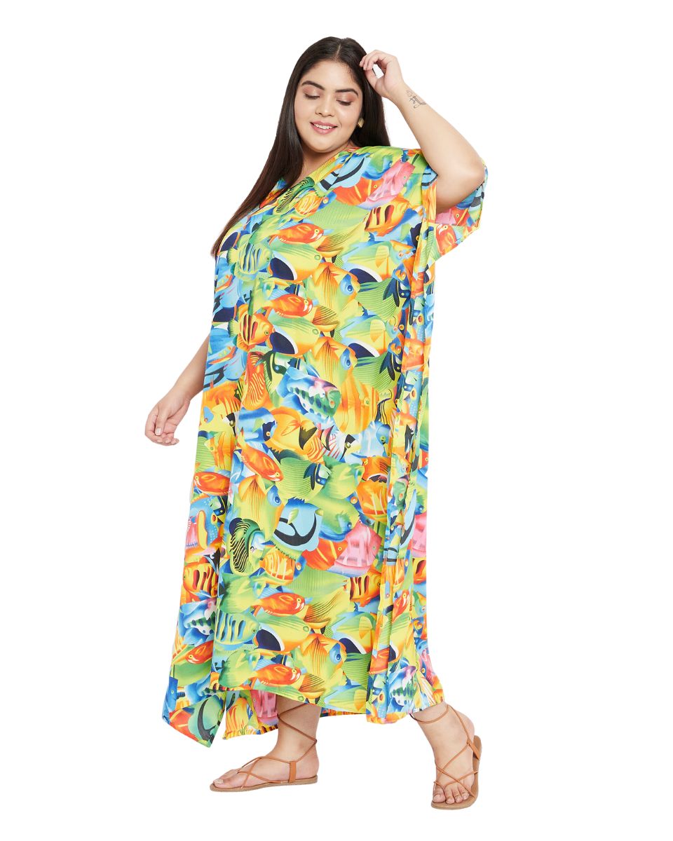 Animal Printed Green Polyester Kaftan Dress for Women