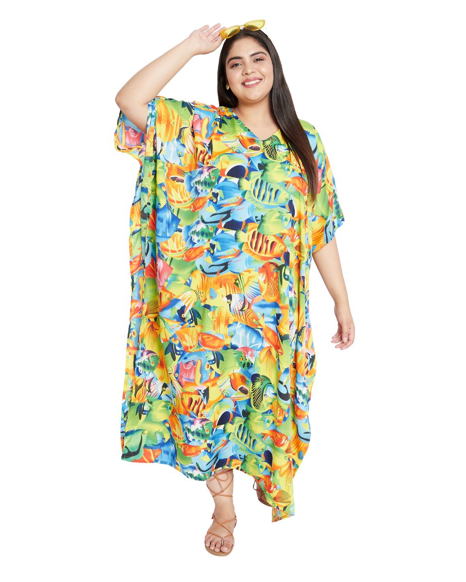 Animal Printed Green Polyester Kaftan Dress For Plus Size Women