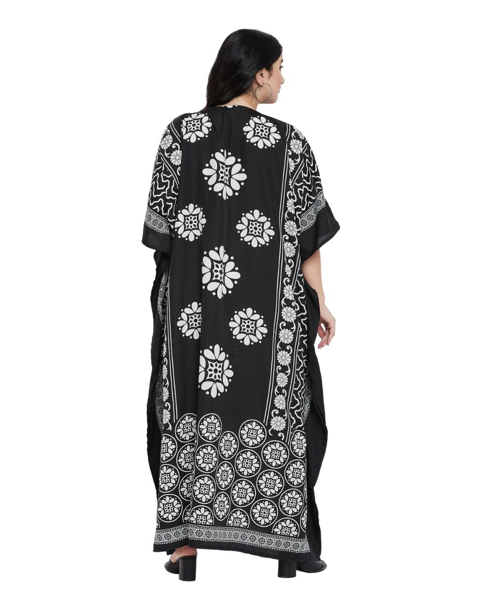 Mandala Print Black And White Polyester Kaftan For Plus Size Women