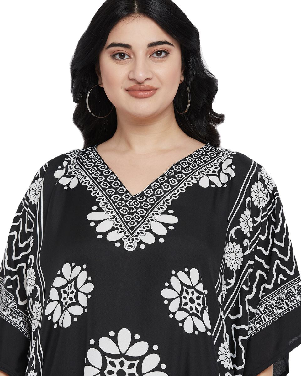 Mandala Print Black And White Polyester Kaftan For Plus Size Women