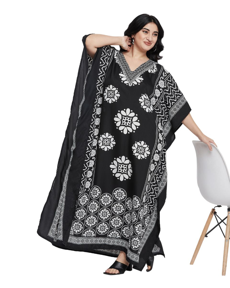 Mandala Print Black And White Polyester Kaftan For Plus Size Women