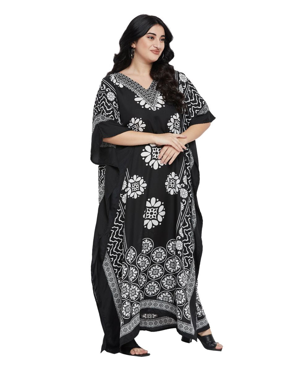 Mandala Print Black And White Polyester Kaftan For Plus Size Women