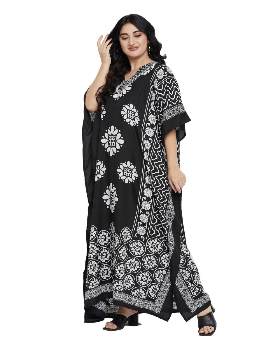 Mandala Print Black And White Polyester Kaftan For Plus Size Women