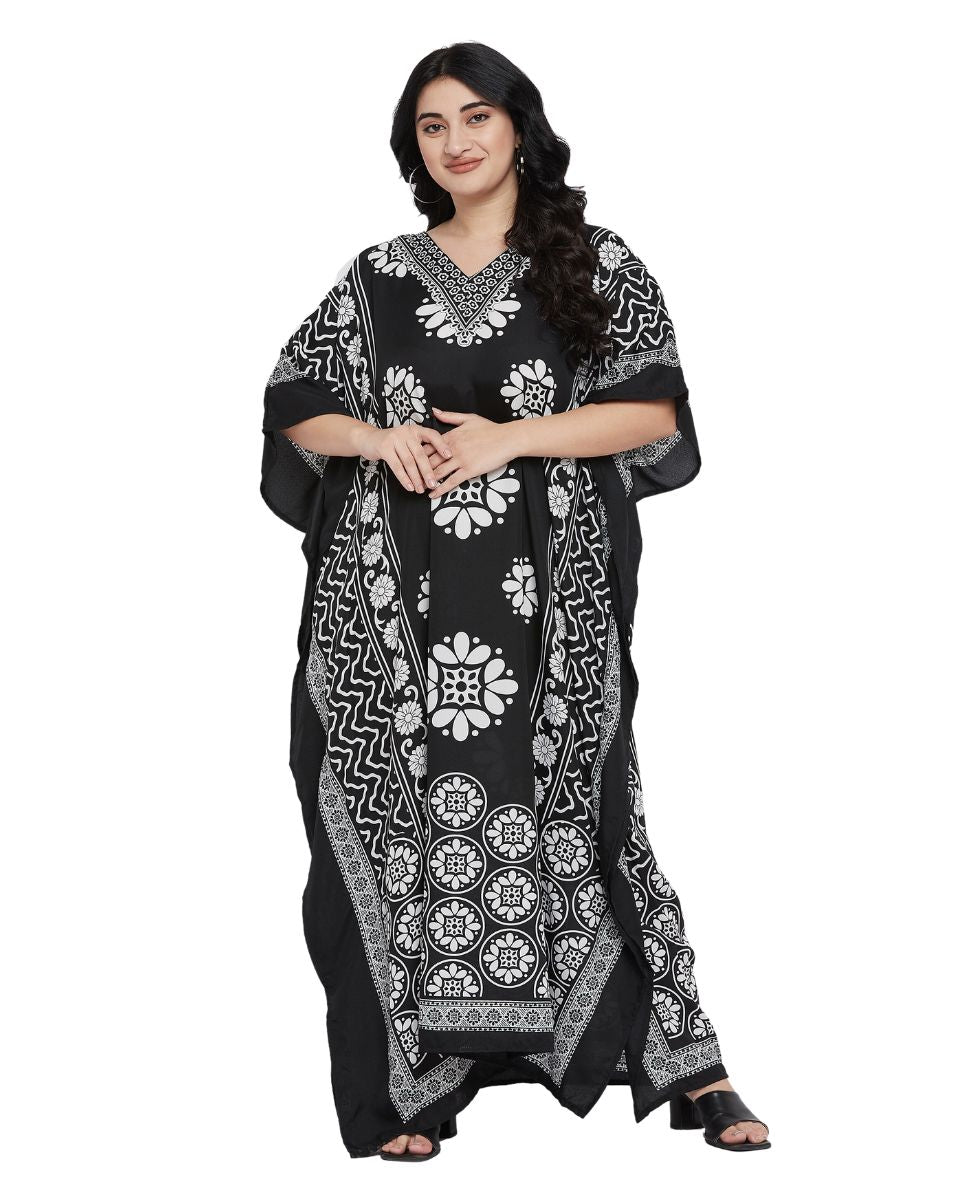 Mandala Print Black And White Polyester Kaftan For Plus Size Women