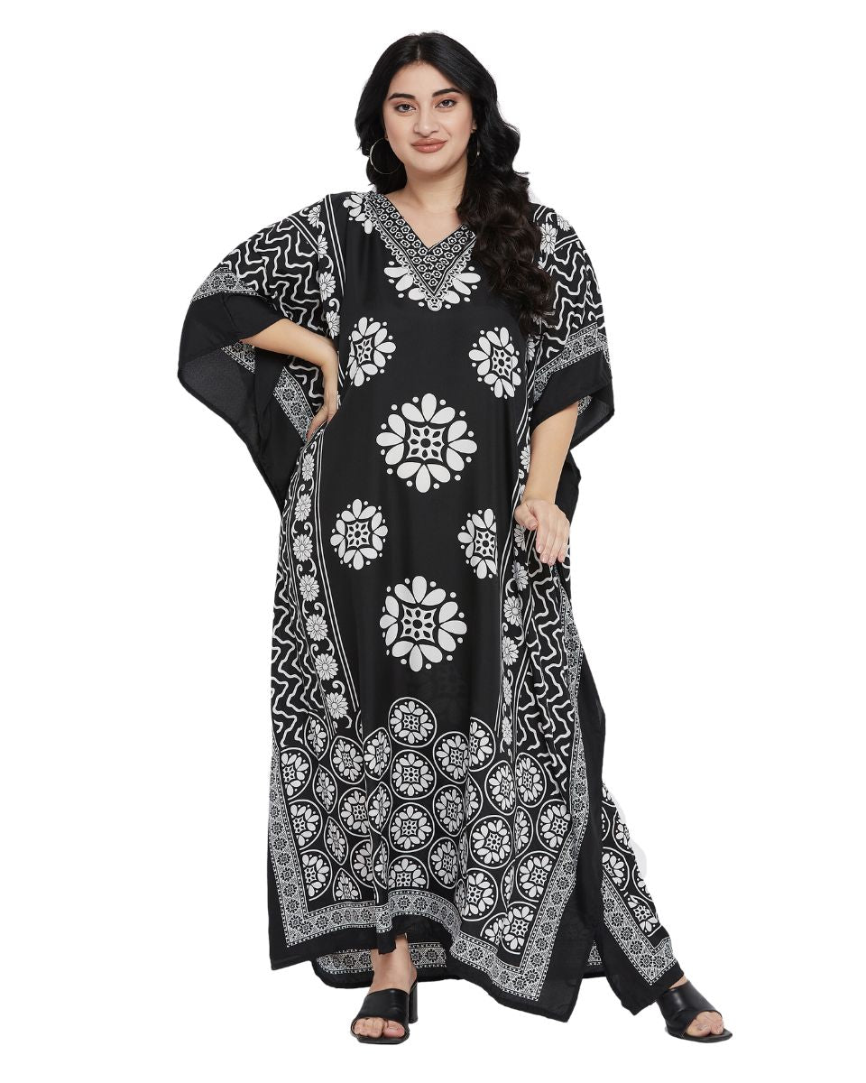 Mandala Print Black And White Polyester Kaftan For Plus Size Women