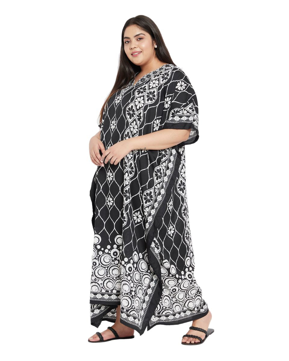 Floral Printed Plus Size Black Polyester Kaftan Dress For Women