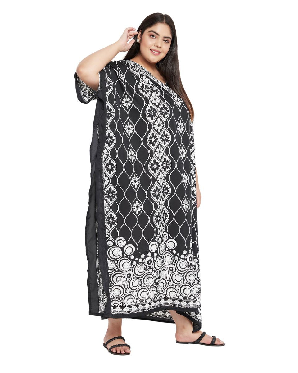 Floral Printed Plus Size Black Polyester Kaftan Dress For Women