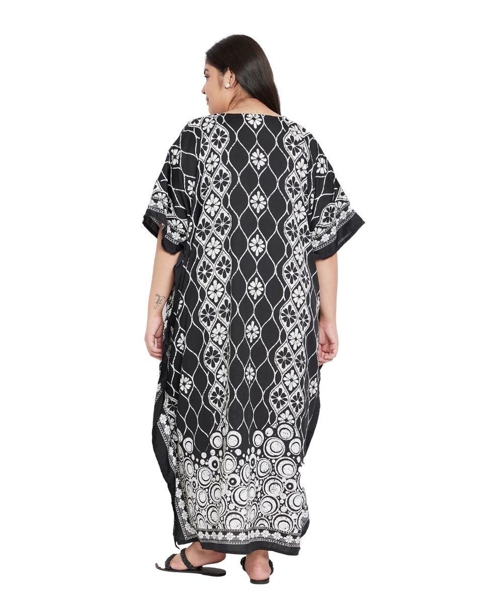 Floral Printed Plus Size Black Polyester Kaftan Dress For Women