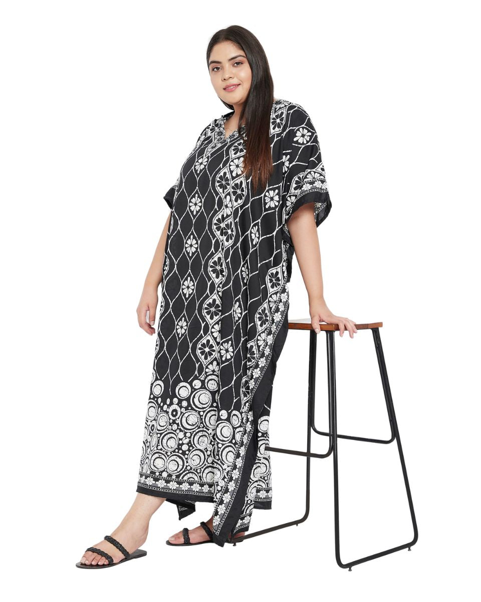 Floral Printed Plus Size Black Polyester Kaftan Dress For Women