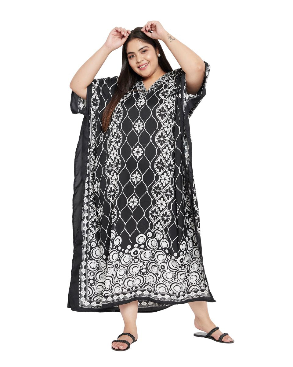 Floral Printed Plus Size Black Polyester Kaftan Dress For Women