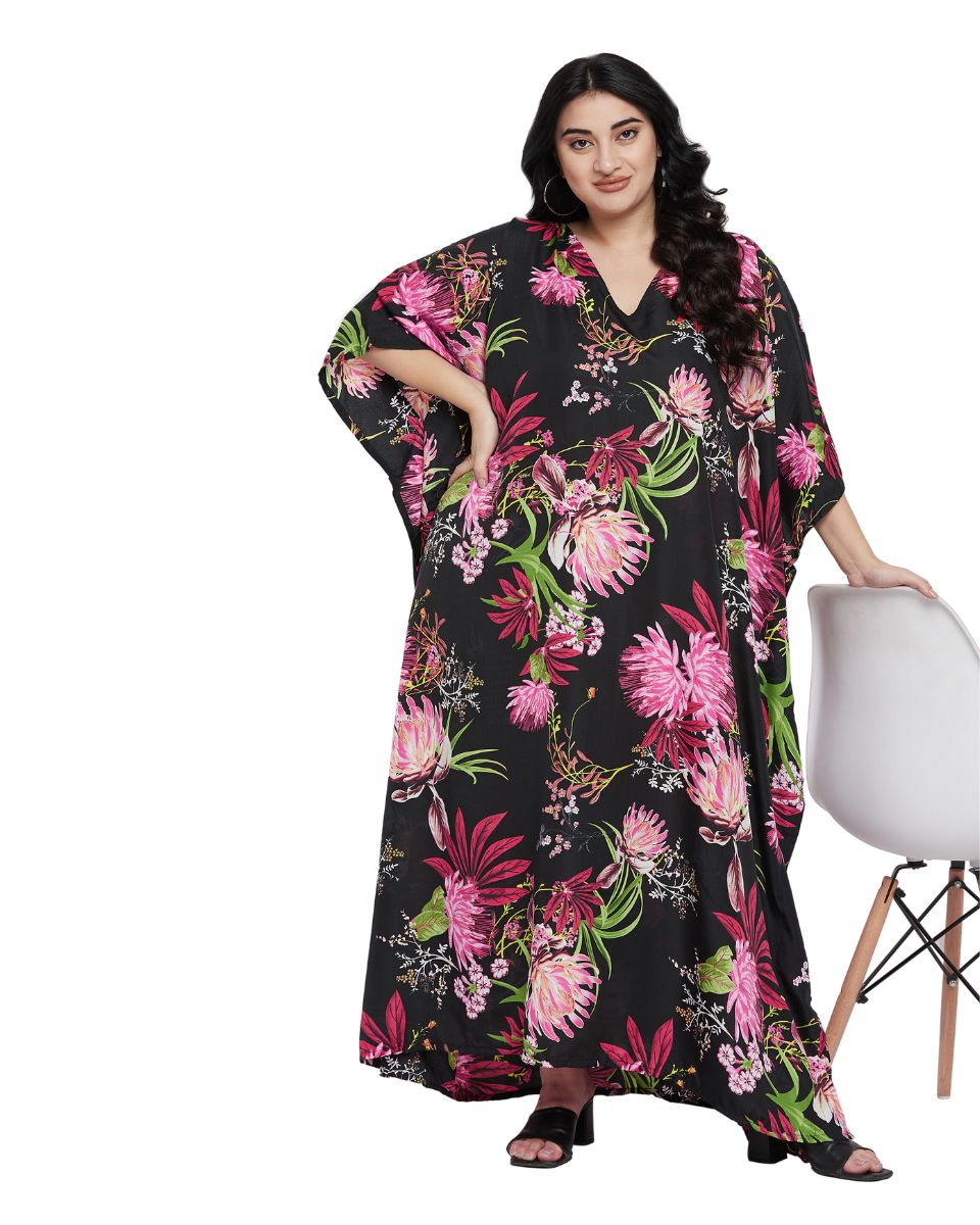 Floral Printed Black Polyester Kaftan Dress for Women