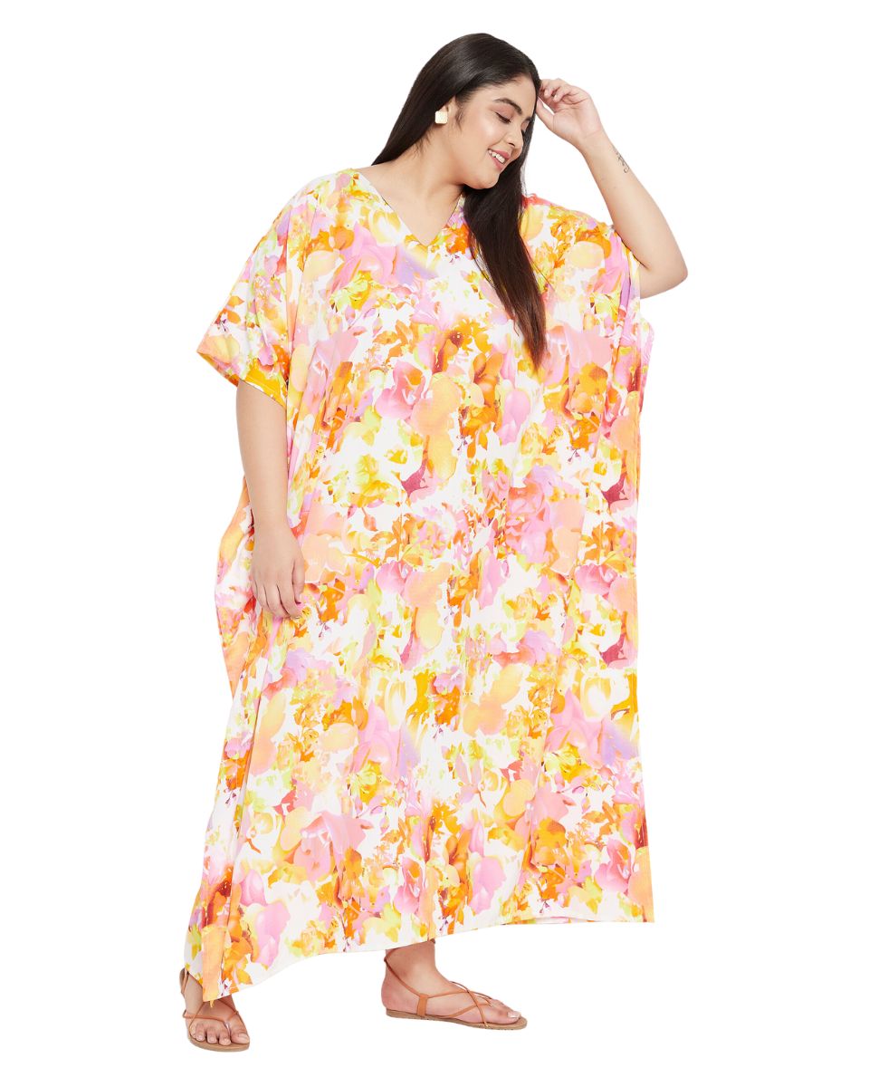 Floral Printed Orange Polyester Plus Size Kaftan Dress For Women