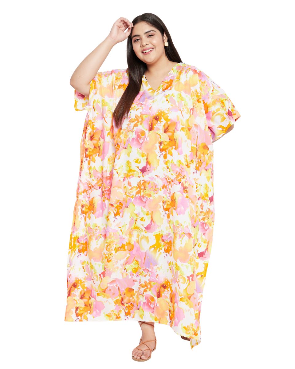 Floral Printed Orange Polyester Plus Size Kaftan Dress For Women