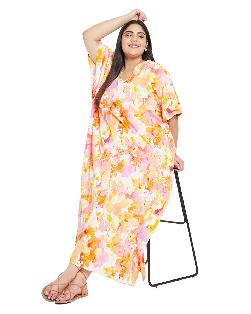 Floral Printed Orange Polyester Plus Size Kaftan Dress For Women